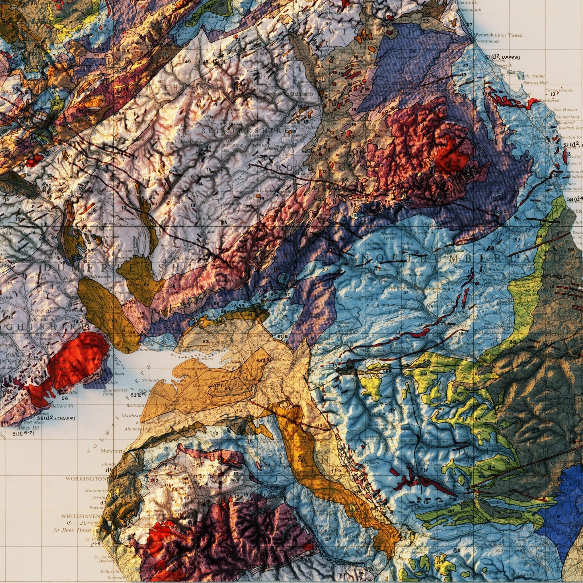 England and Scotland 1957 Shaded Relief Map - Muir Way - Vintage Relief