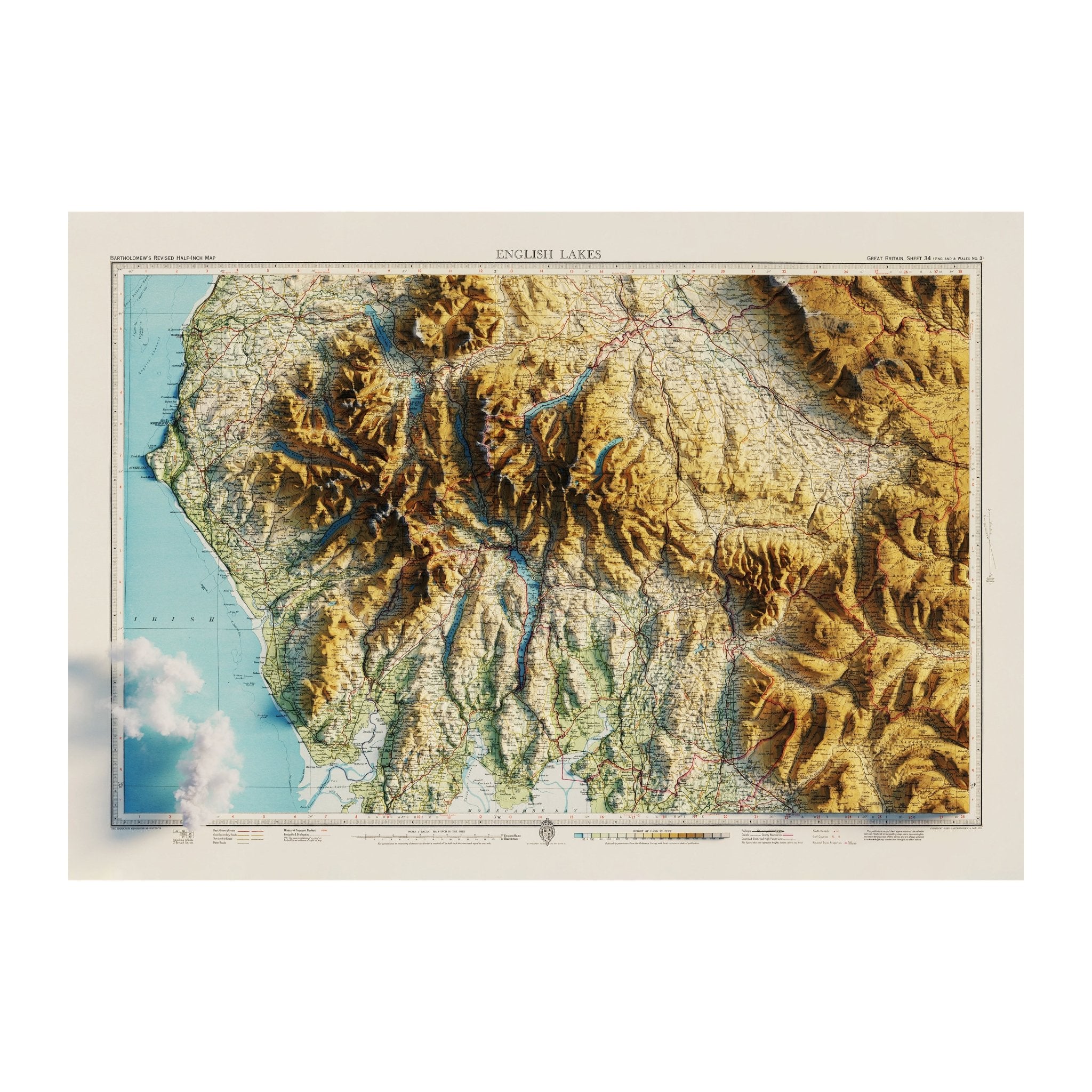 English Lakes 1941 Shaded Relief Map - Muir Way - Vintage Relief