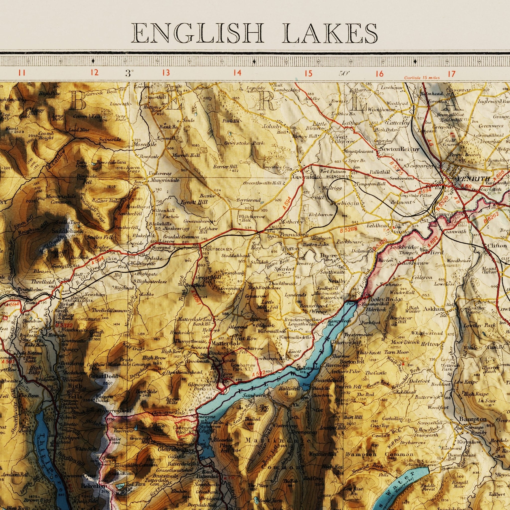 English Lakes 1941 Shaded Relief Map - Muir Way - Vintage Relief