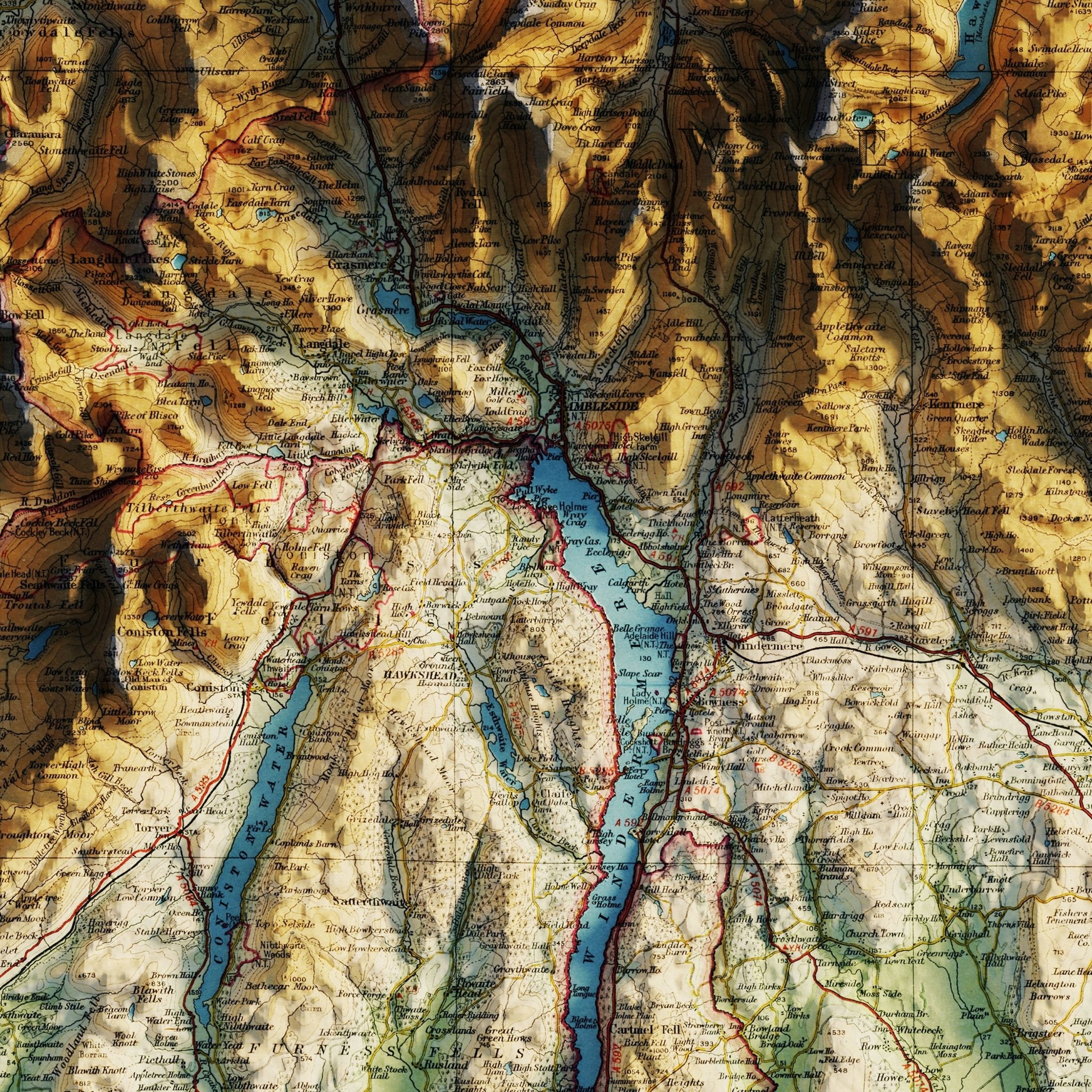English Lakes 1941 Shaded Relief Map - Muir Way - Vintage Relief