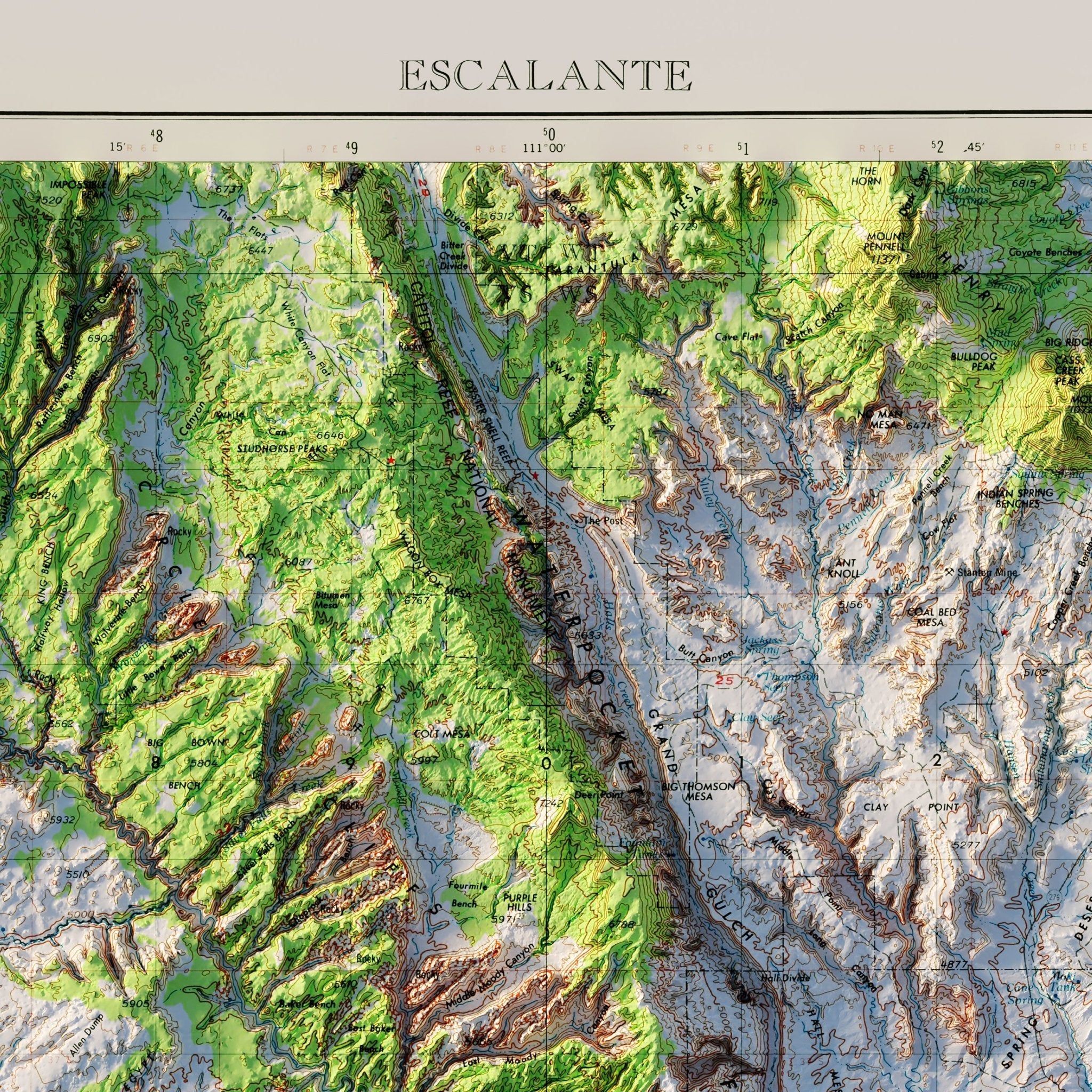 Escalante, Utah 1956 Shaded Relief Map - Muir Way - Vintage Relief