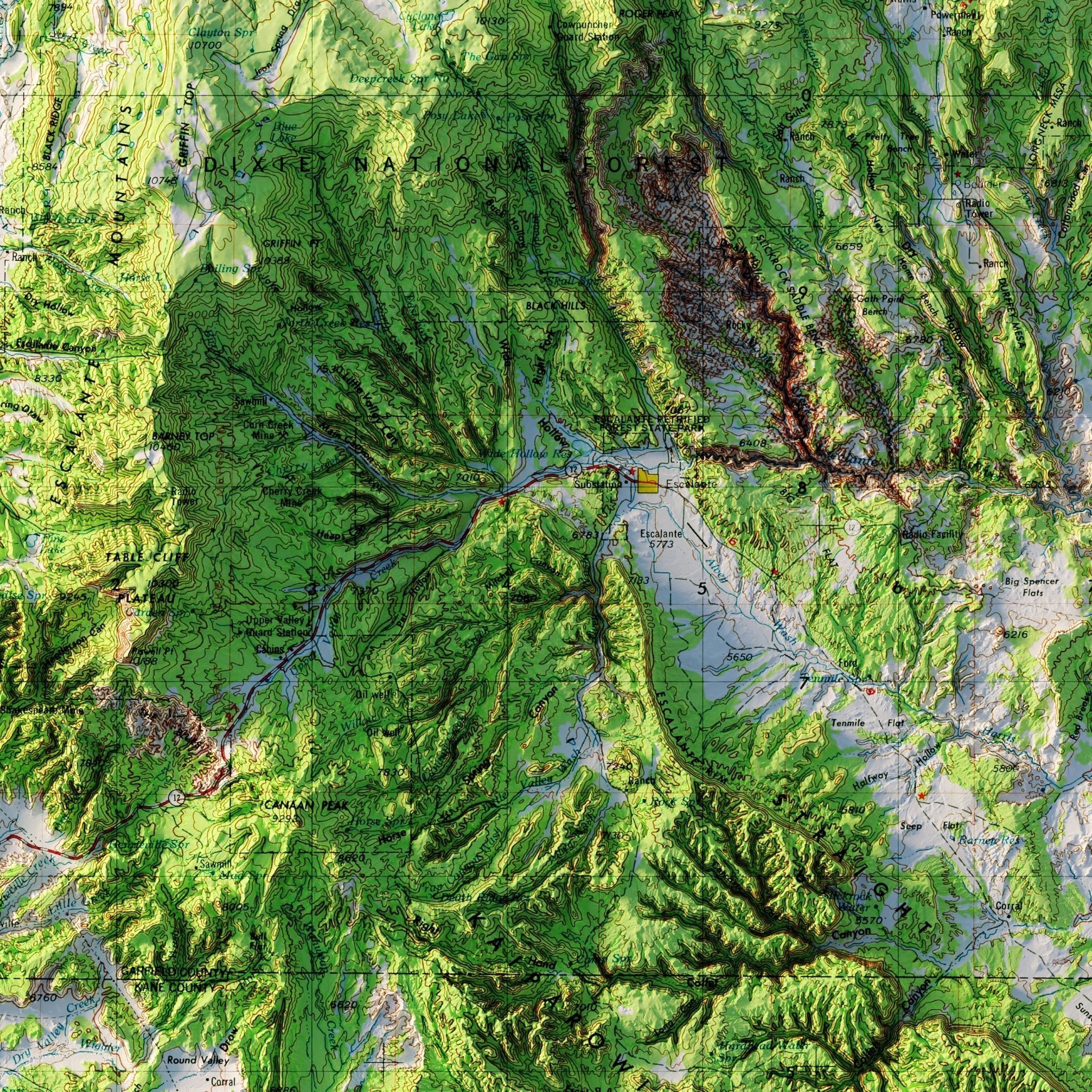 Escalante, Utah 1956 Shaded Relief Map - Muir Way - Vintage Relief