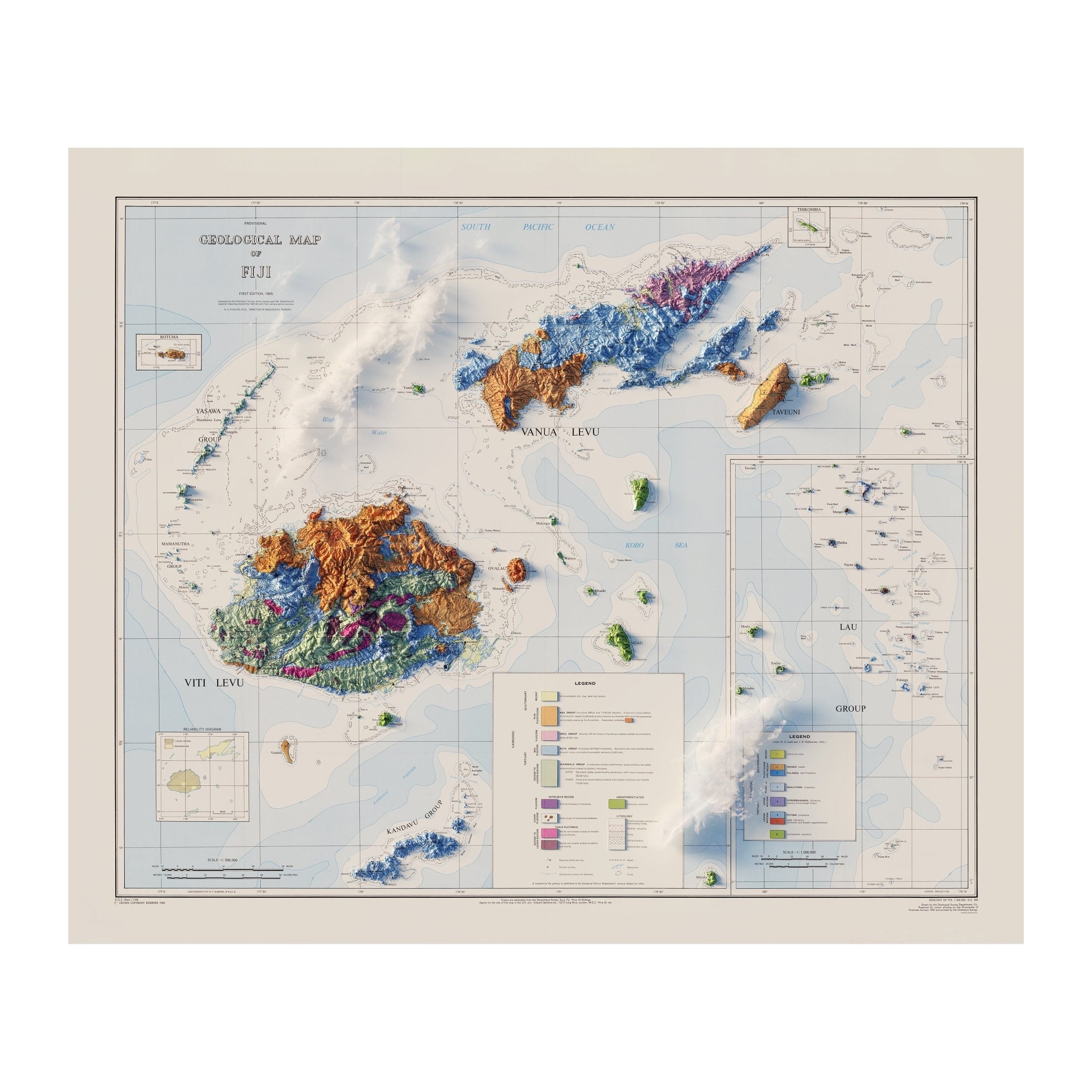 Fiji 1965 Shaded Relief Map - Muir Way - Vintage Relief