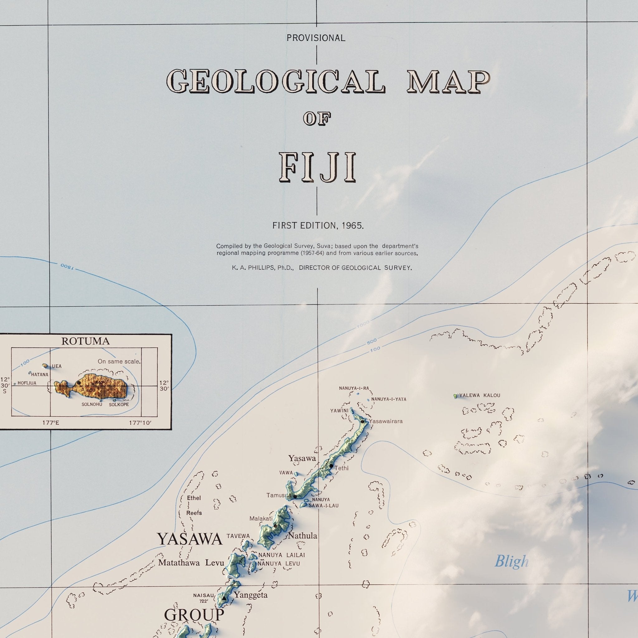 Fiji 1965 Shaded Relief Map - Muir Way - Vintage Relief