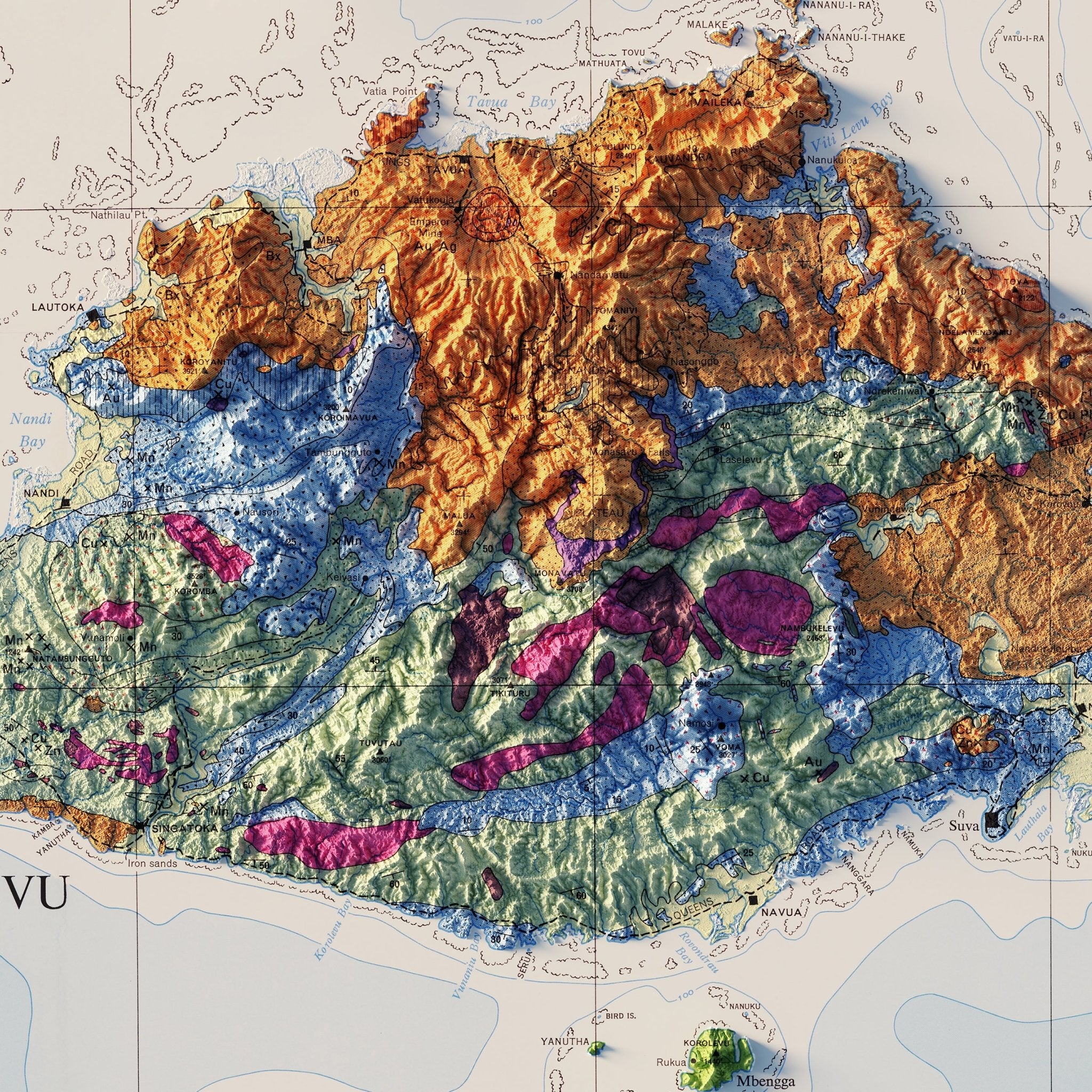 Fiji 1965 Shaded Relief Map - Muir Way - Vintage Relief
