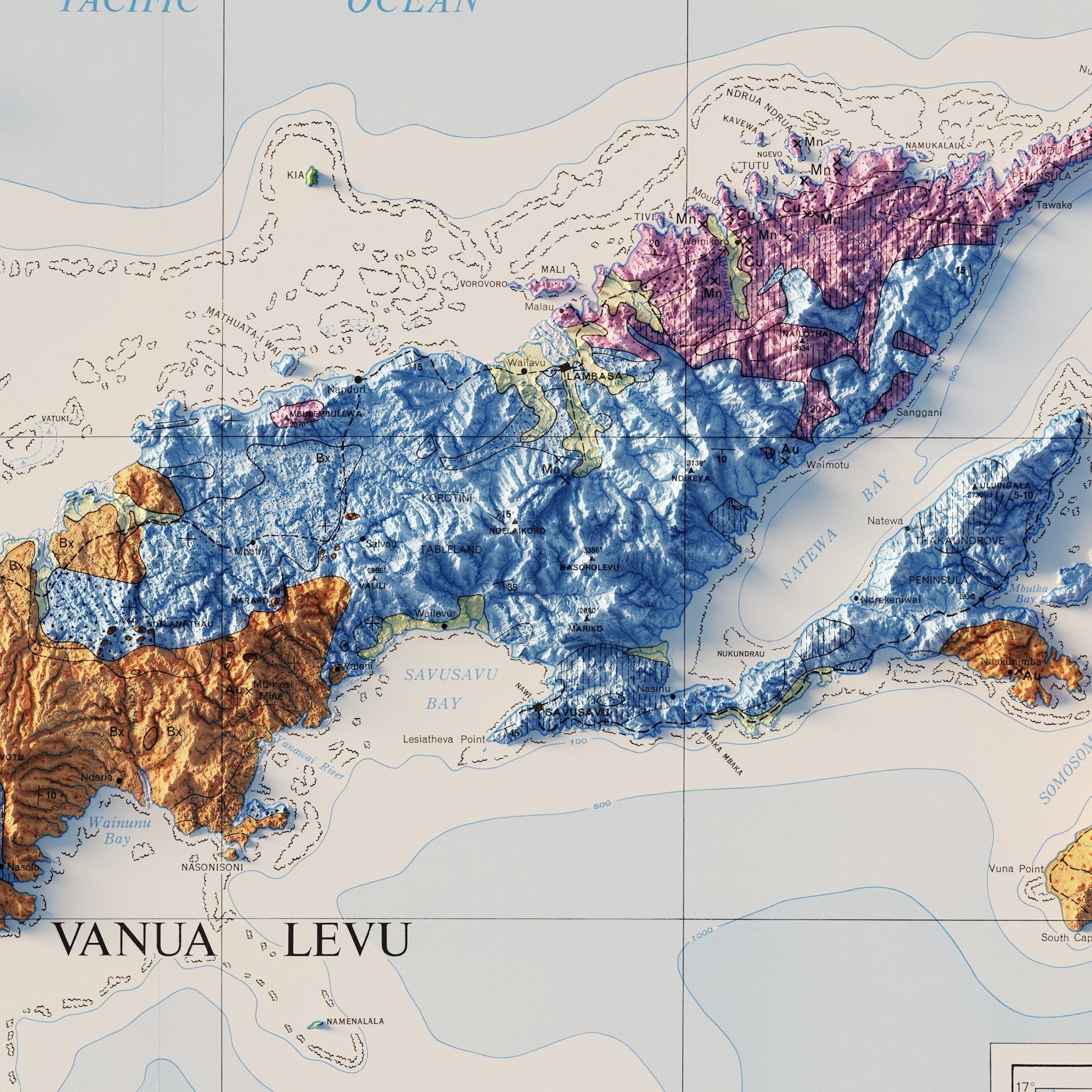 Fiji 1965 Shaded Relief Map - Muir Way - Vintage Relief