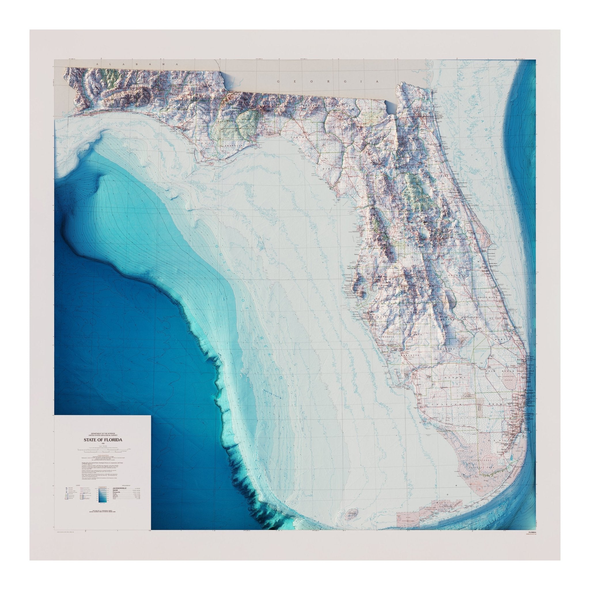 Florida 1989 Shaded Relief Map - Muir Way - Vintage Relief