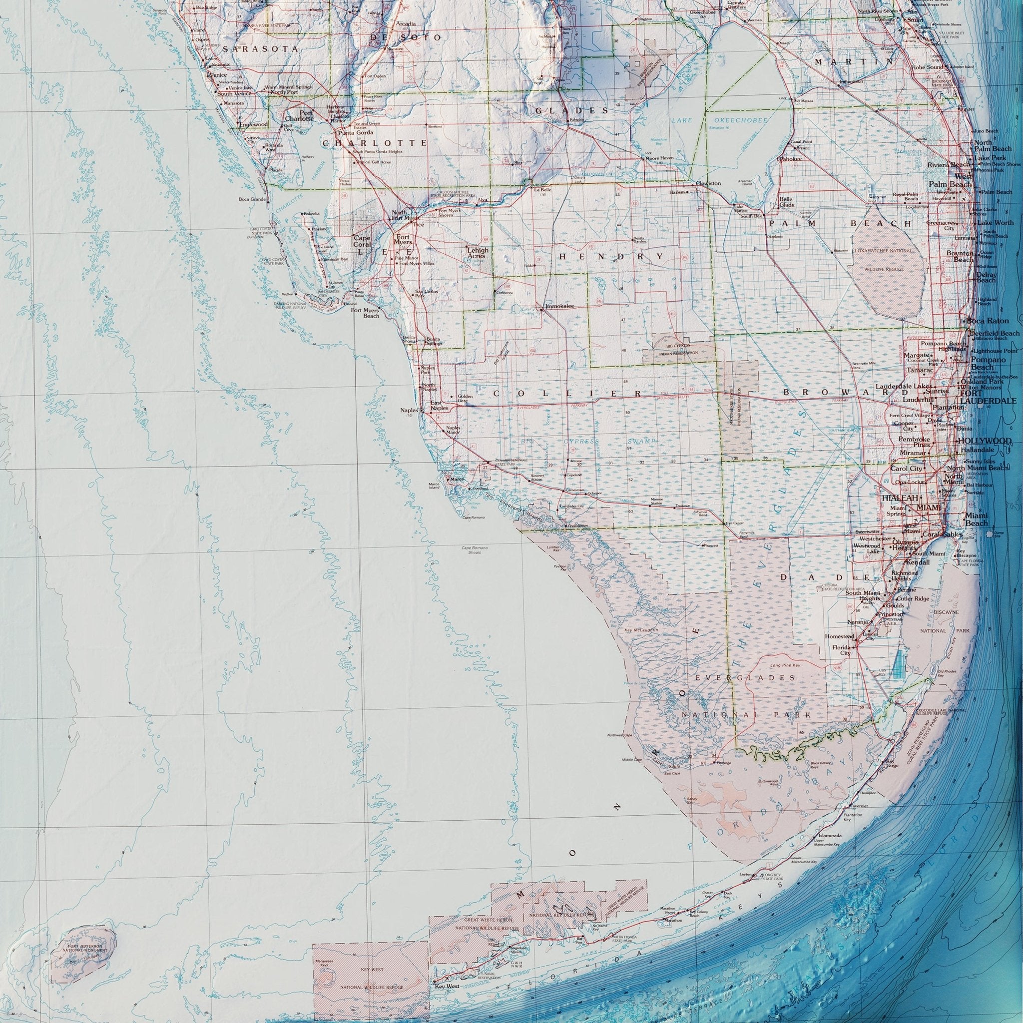 Florida 1989 Shaded Relief Map - Muir Way - Vintage Relief