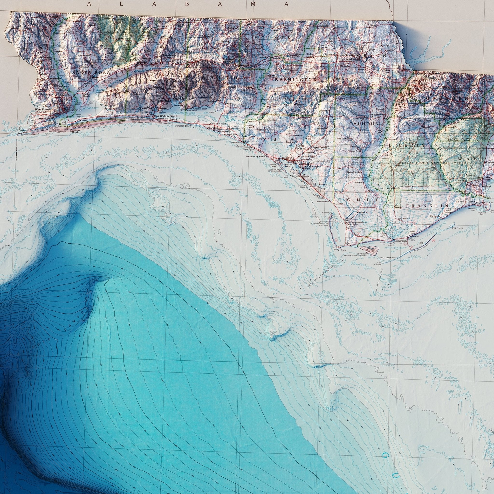 Florida 1989 Shaded Relief Map - Muir Way - Vintage Relief