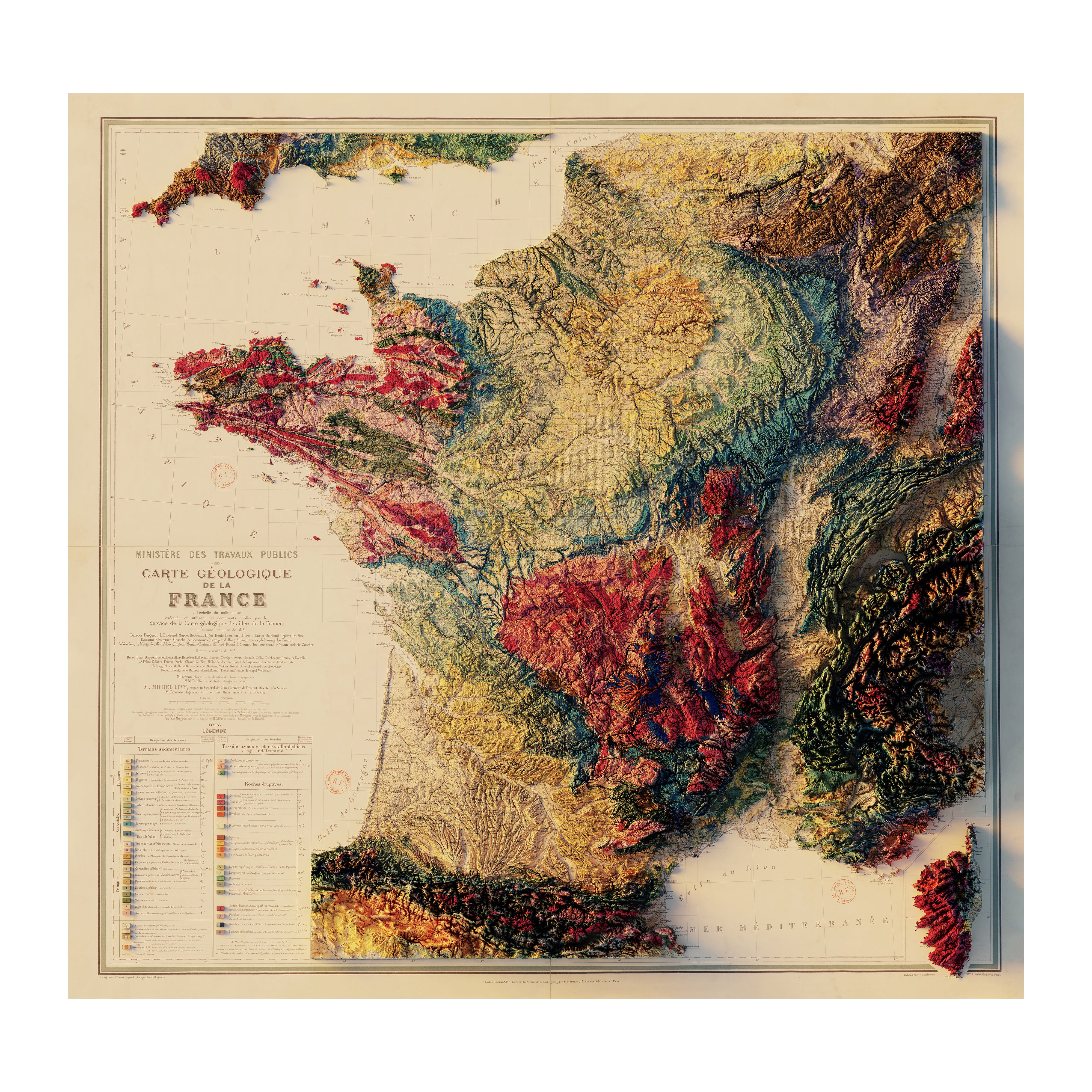 Vintage France Relief Map - 1905