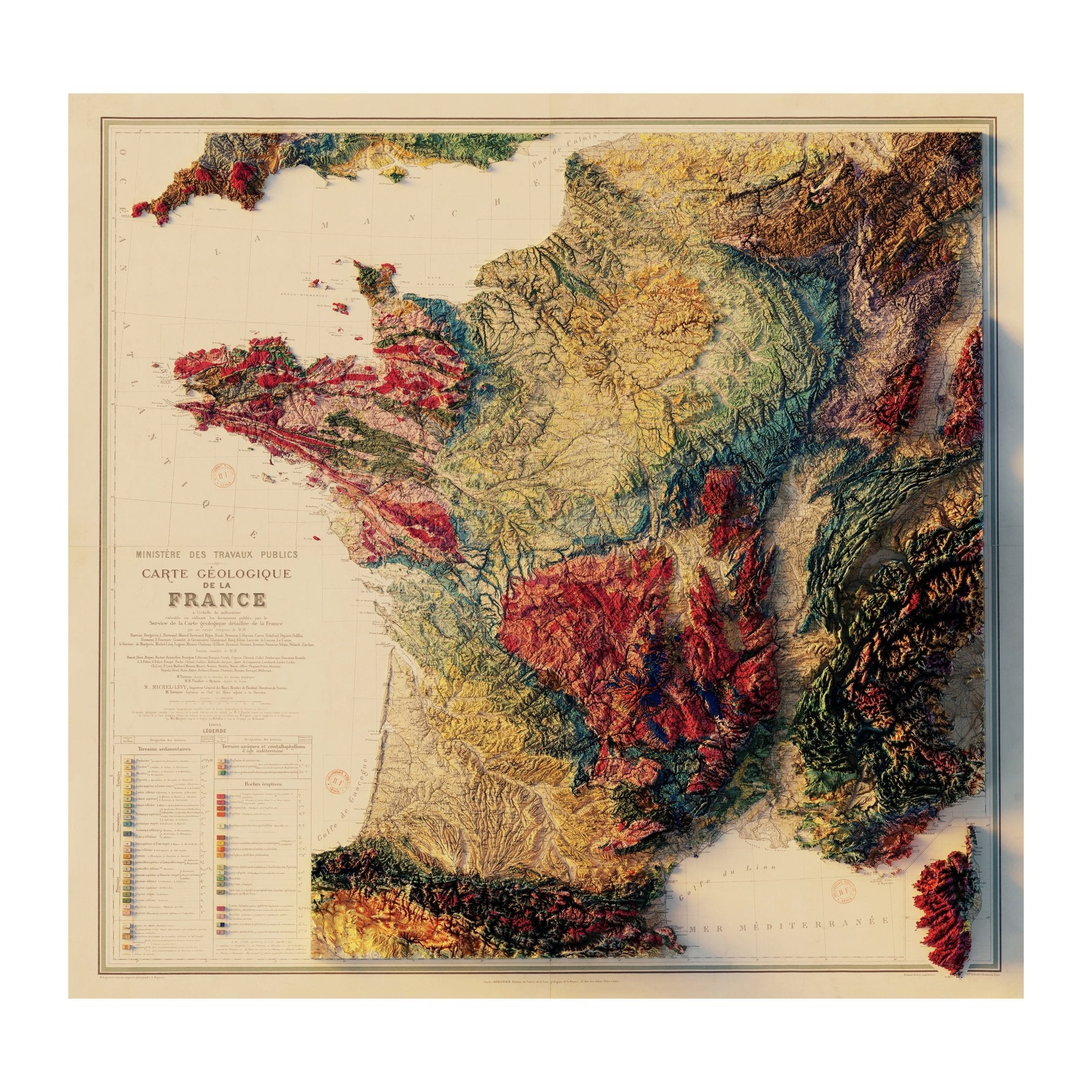 France 1905 Shaded Relief Map - Muir Way - Vintage Relief