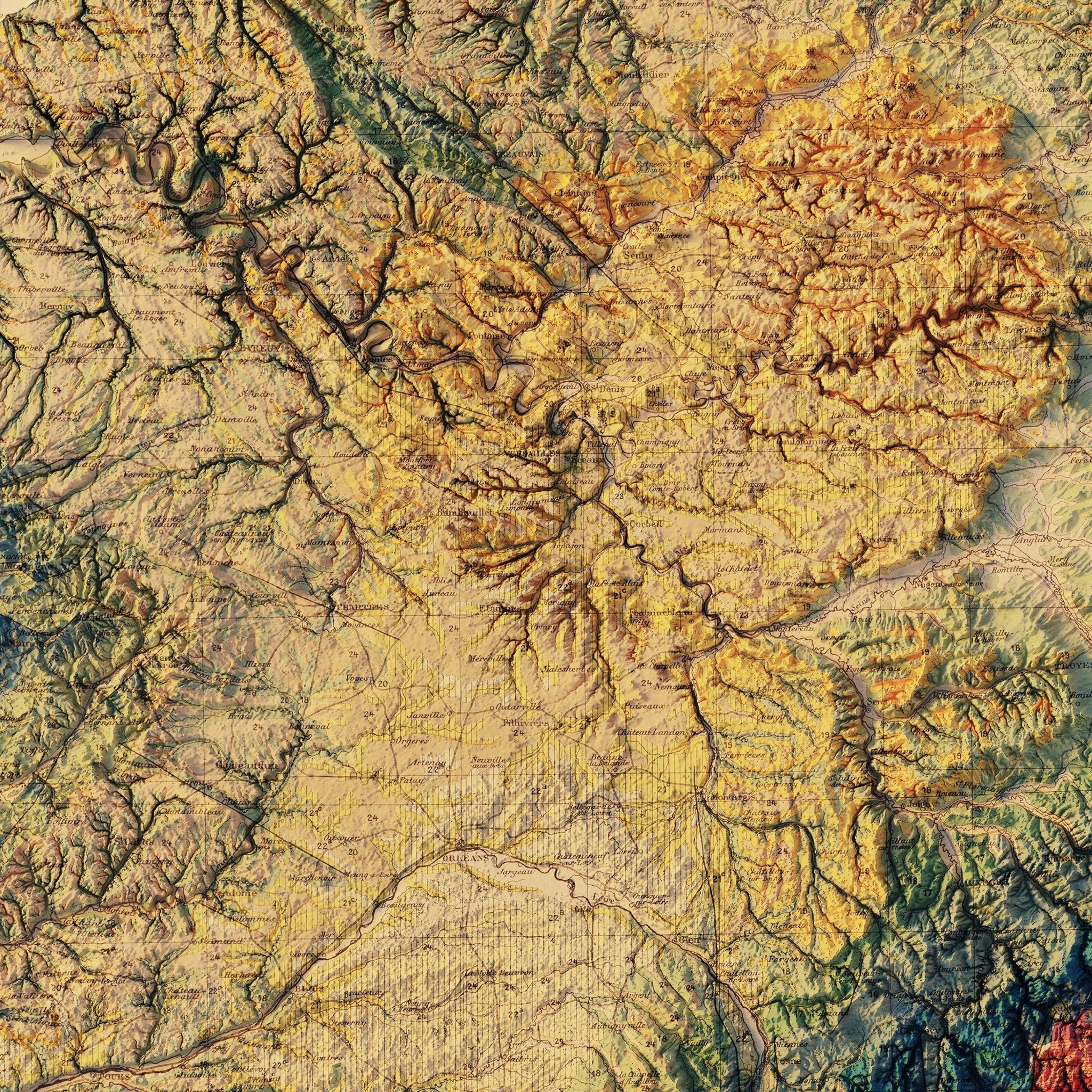 France 1905 Shaded Relief Map - Muir Way - Vintage Relief