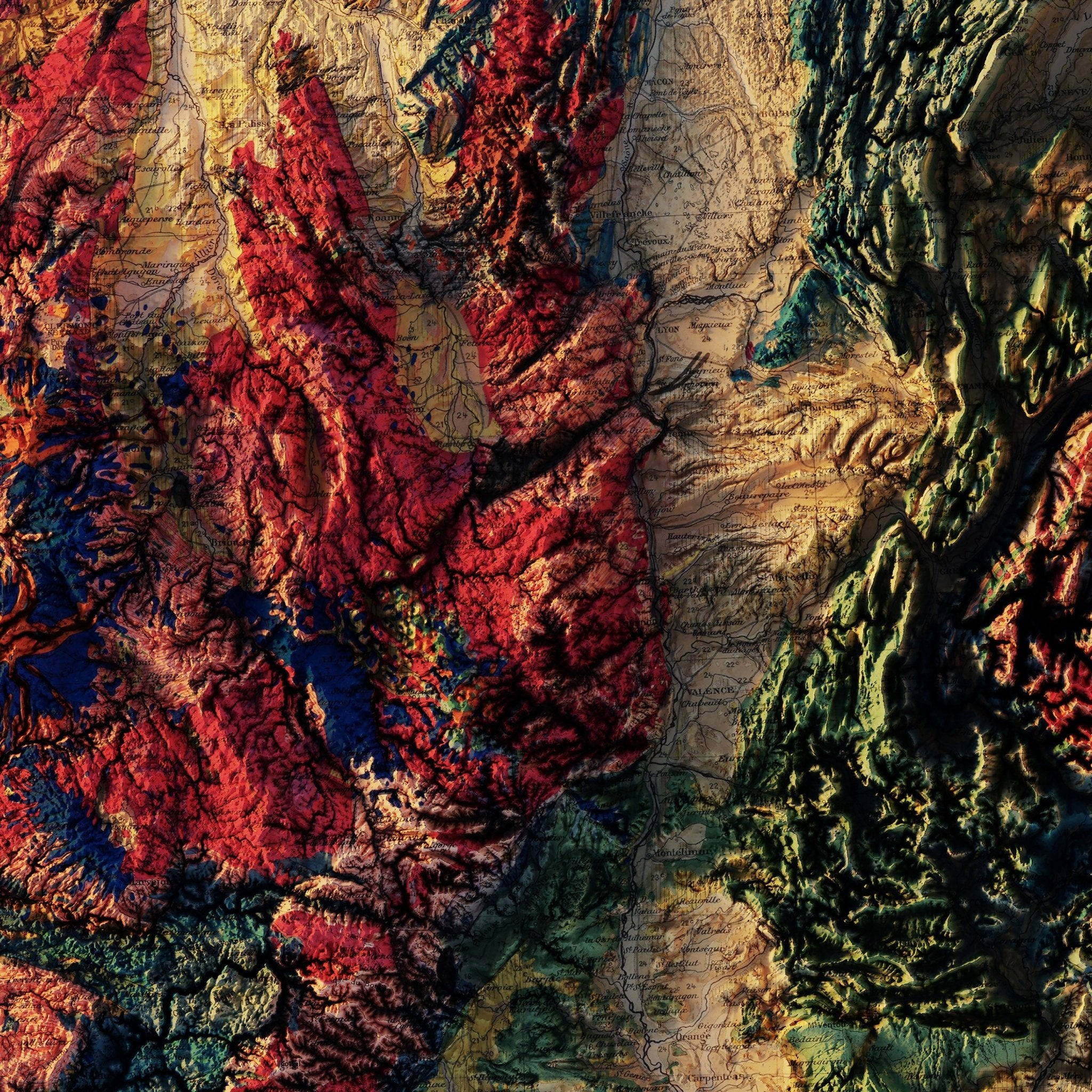 France 1905 Shaded Relief Map - Muir Way - Vintage Relief