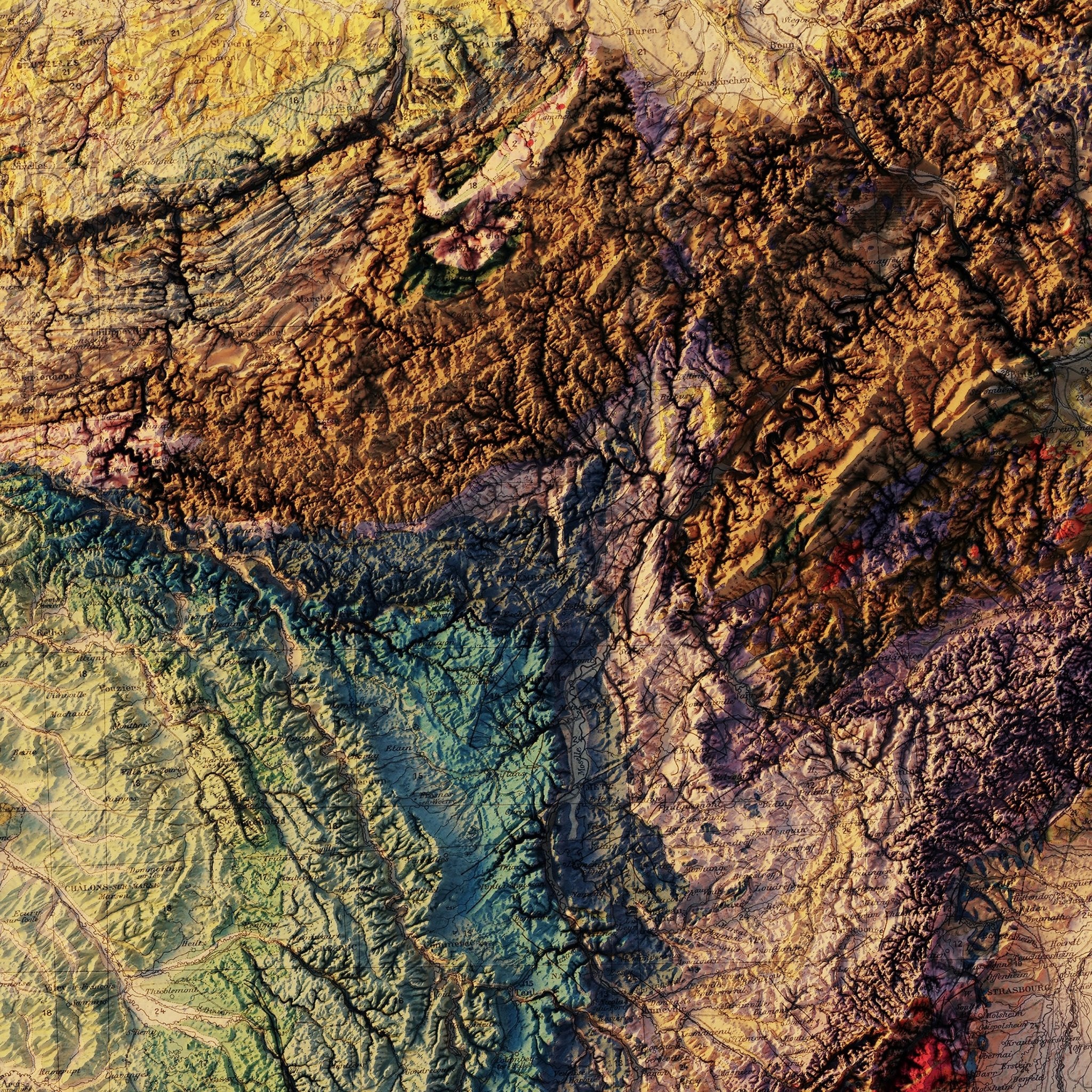 France 1905 Shaded Relief Map - Muir Way - Vintage Relief