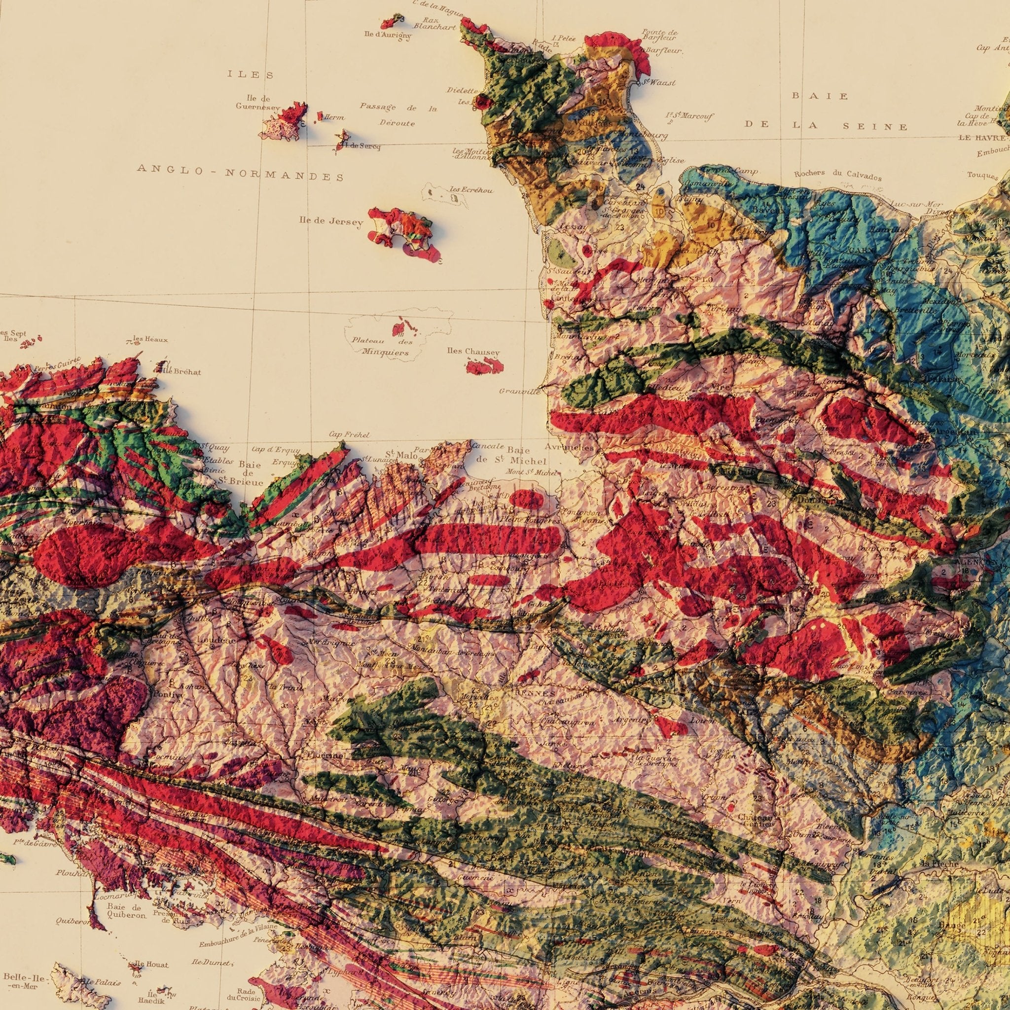 France 1905 Shaded Relief Map - Muir Way - Vintage Relief