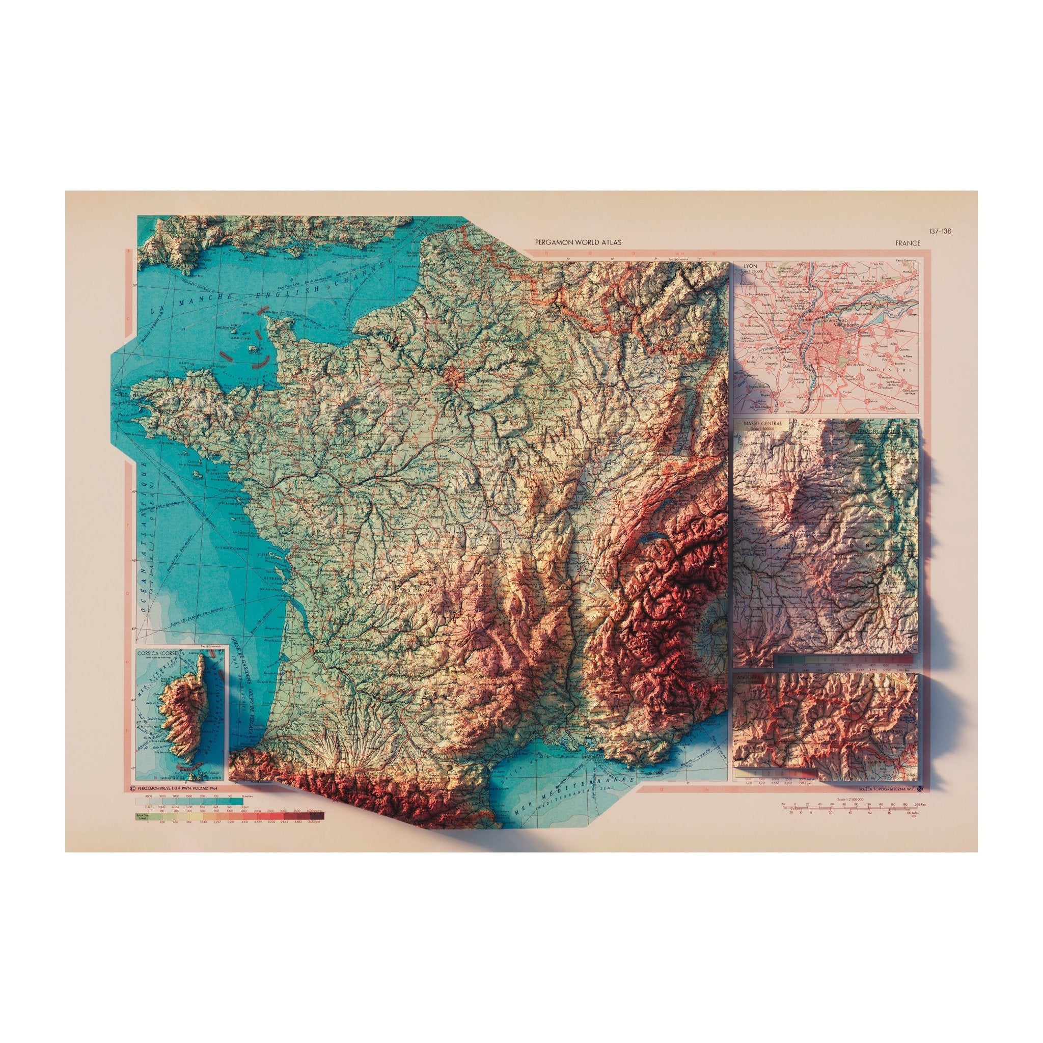 France 1964 Shaded Relief Map - Muir Way - Vintage Relief