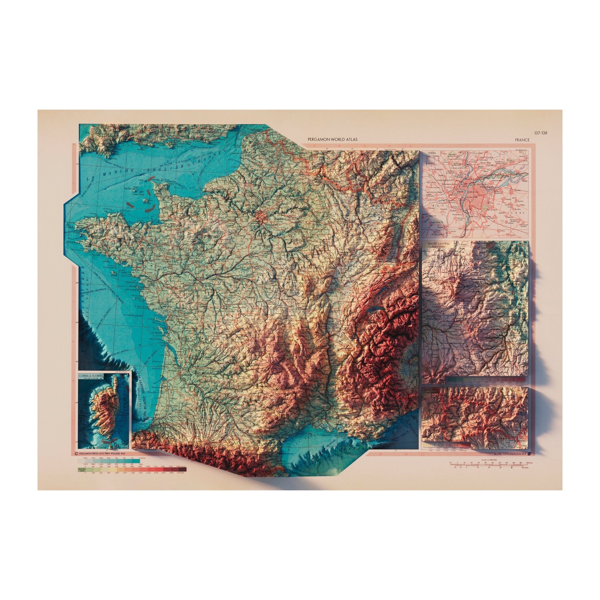 France 1964 Shaded Relief Map - Muir Way - Vintage Relief