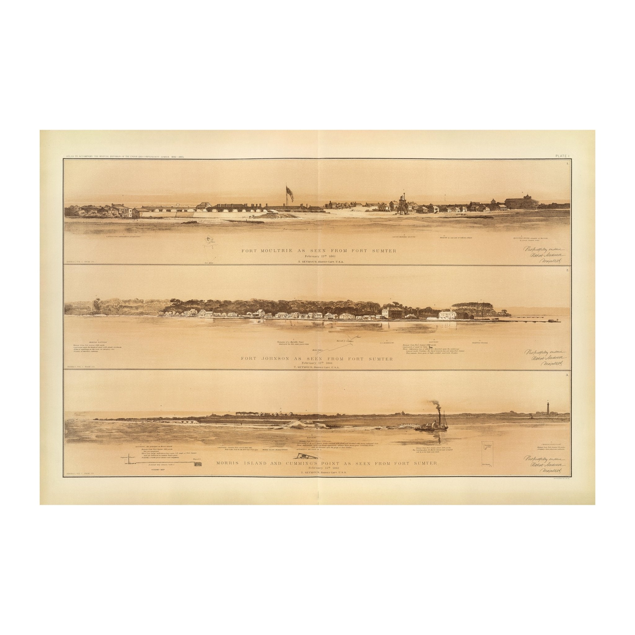 Ft. Moultrie, Ft. Johnson, Morris Island, Cumming's Pt. as seen from Ft. Sumter - Muir Way - Vintage Map