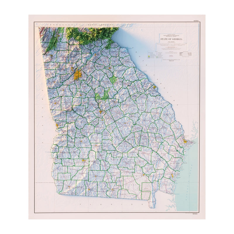 Georgia 1970 Shaded Relief Map - Muir Way - Vintage Relief