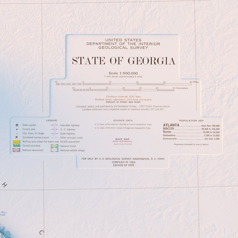 Georgia 1970 Shaded Relief Map - Muir Way - Vintage Relief
