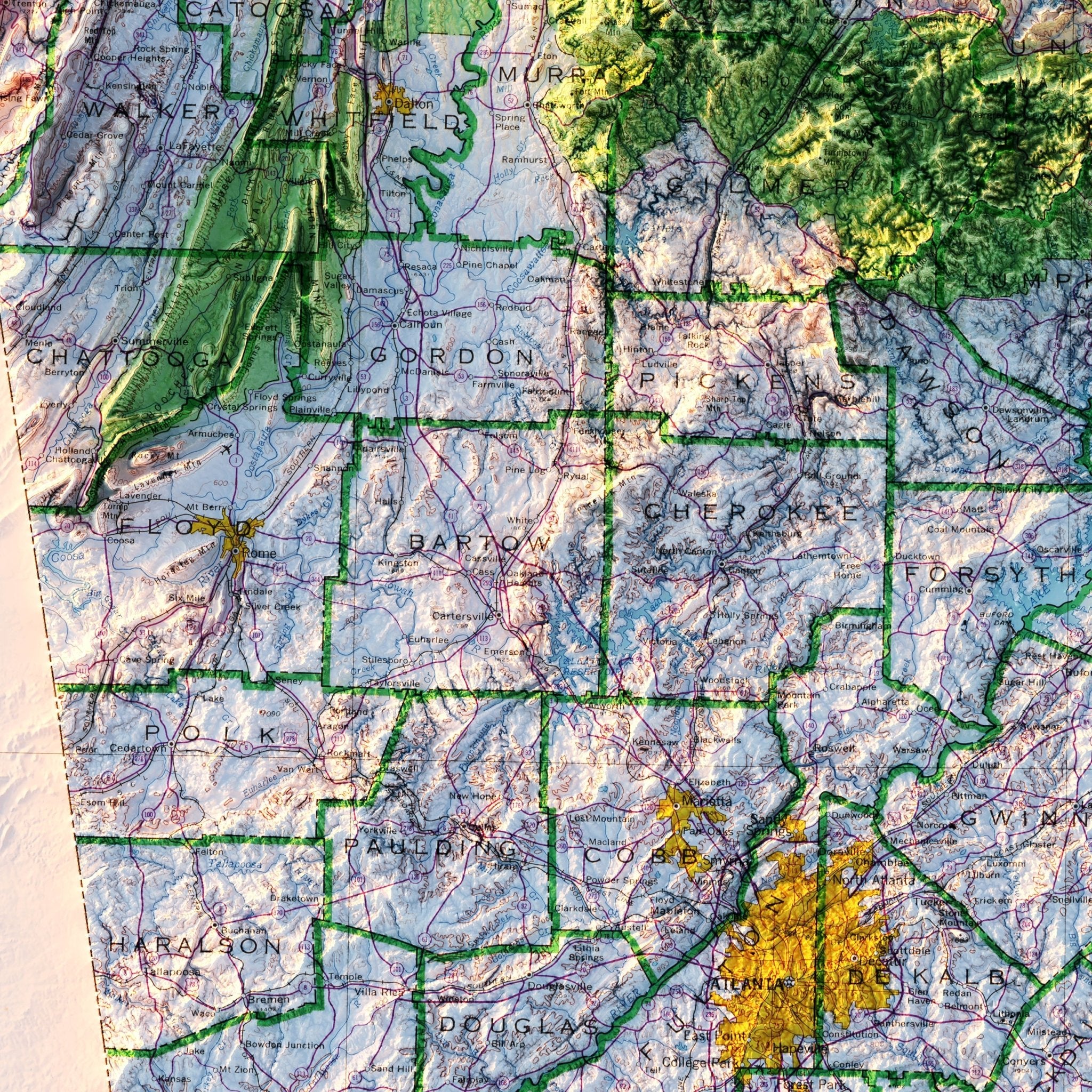 Georgia 1970 Shaded Relief Map - Muir Way - Vintage Relief