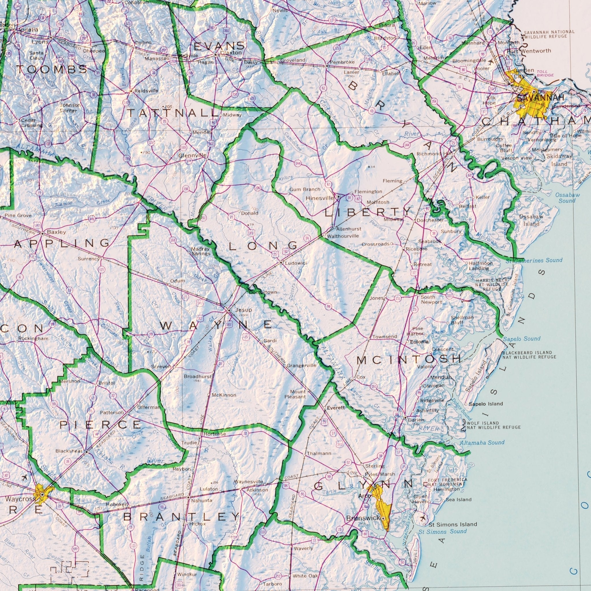 Georgia 1970 Shaded Relief Map - Muir Way - Vintage Relief