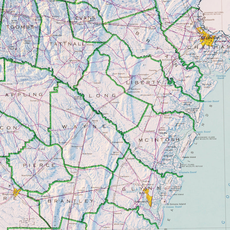 Georgia 1970 Shaded Relief Map - Muir Way - Vintage Relief