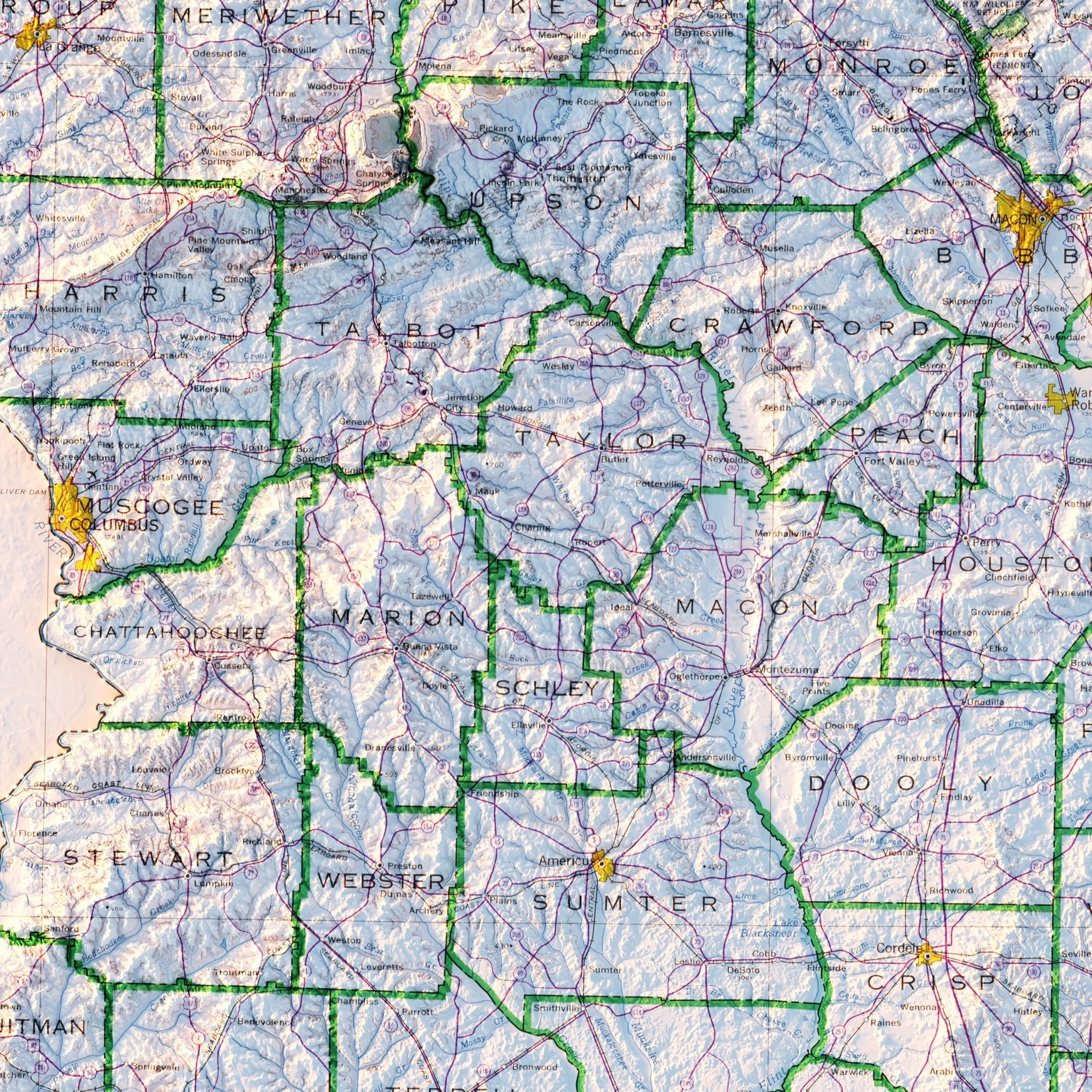 Georgia 1970 Shaded Relief Map - Muir Way - Vintage Relief