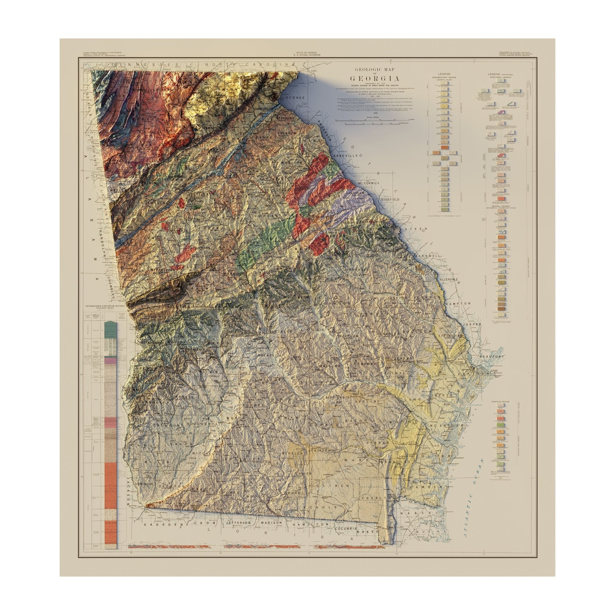 Georgia 1939 Shaded Relief Map - Muir Way - Vintage Relief