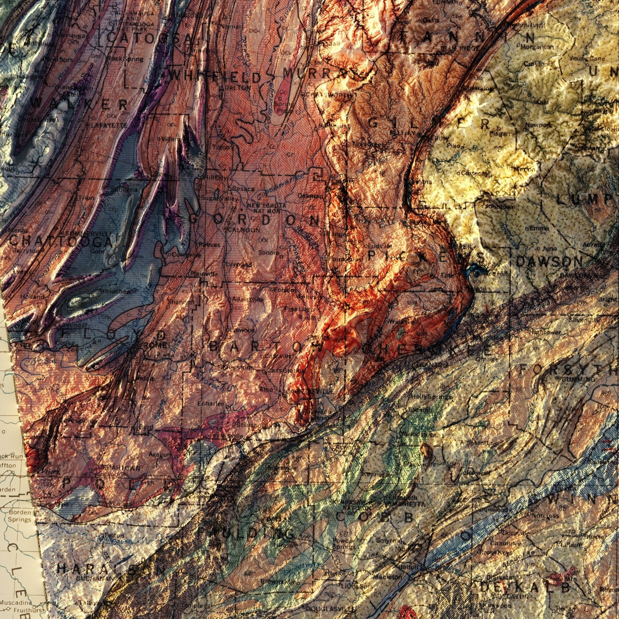 Georgia 1939 Shaded Relief Map - Muir Way - Vintage Relief