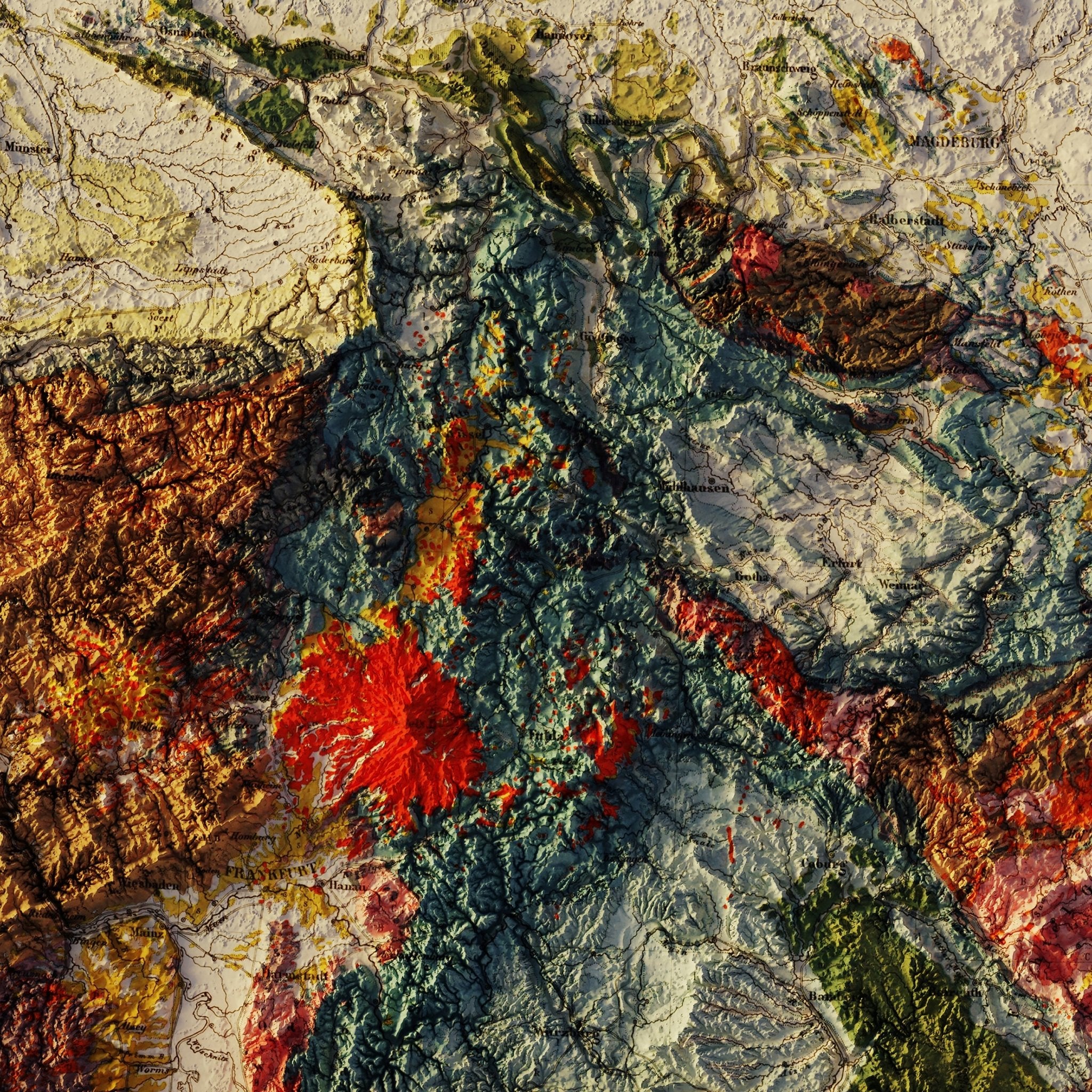 Germany 1869 Shaded Relief Map - Muir Way - Vintage Relief