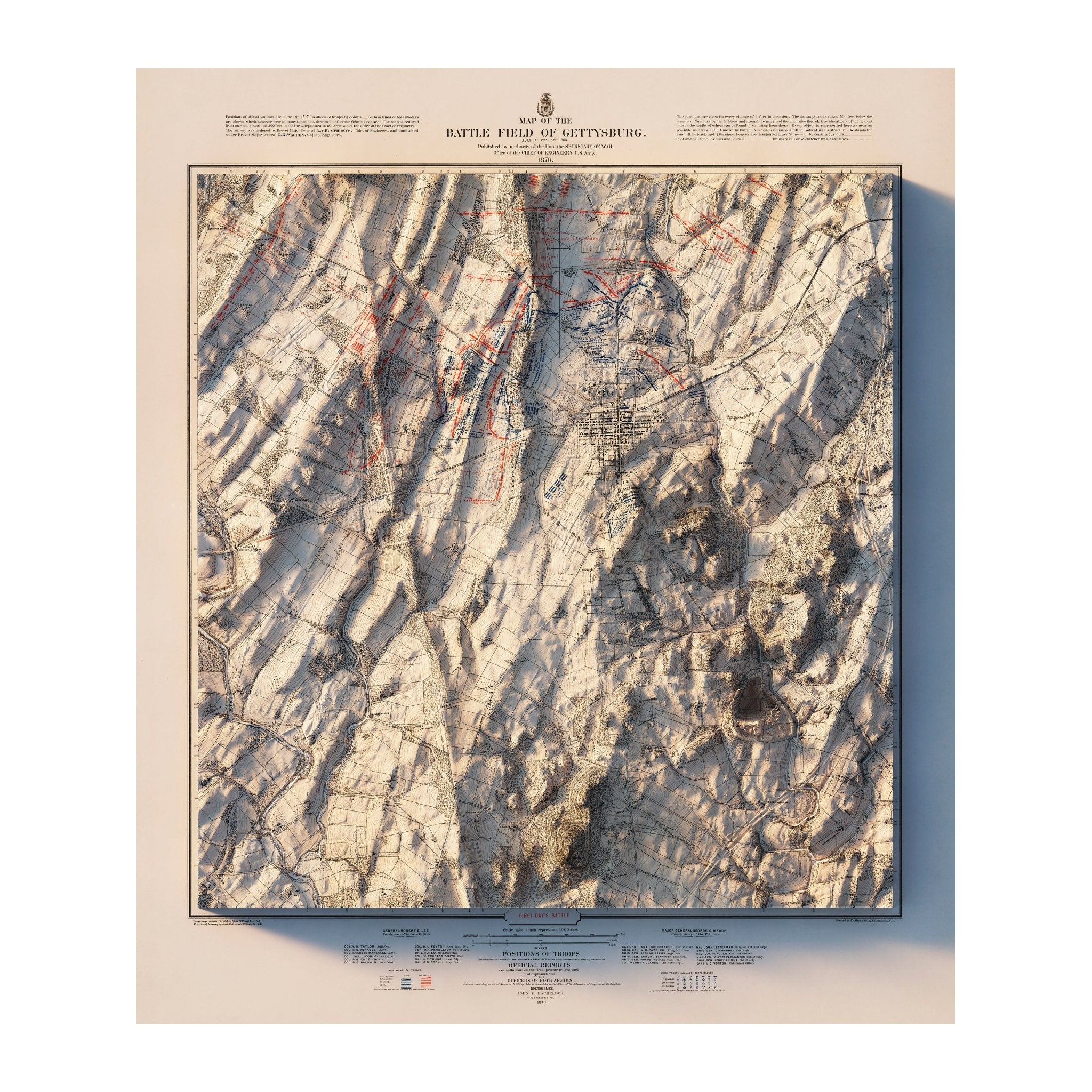 Gettysburg 1st Day 1876 Shaded Relief Map - Muir Way - Vintage Relief