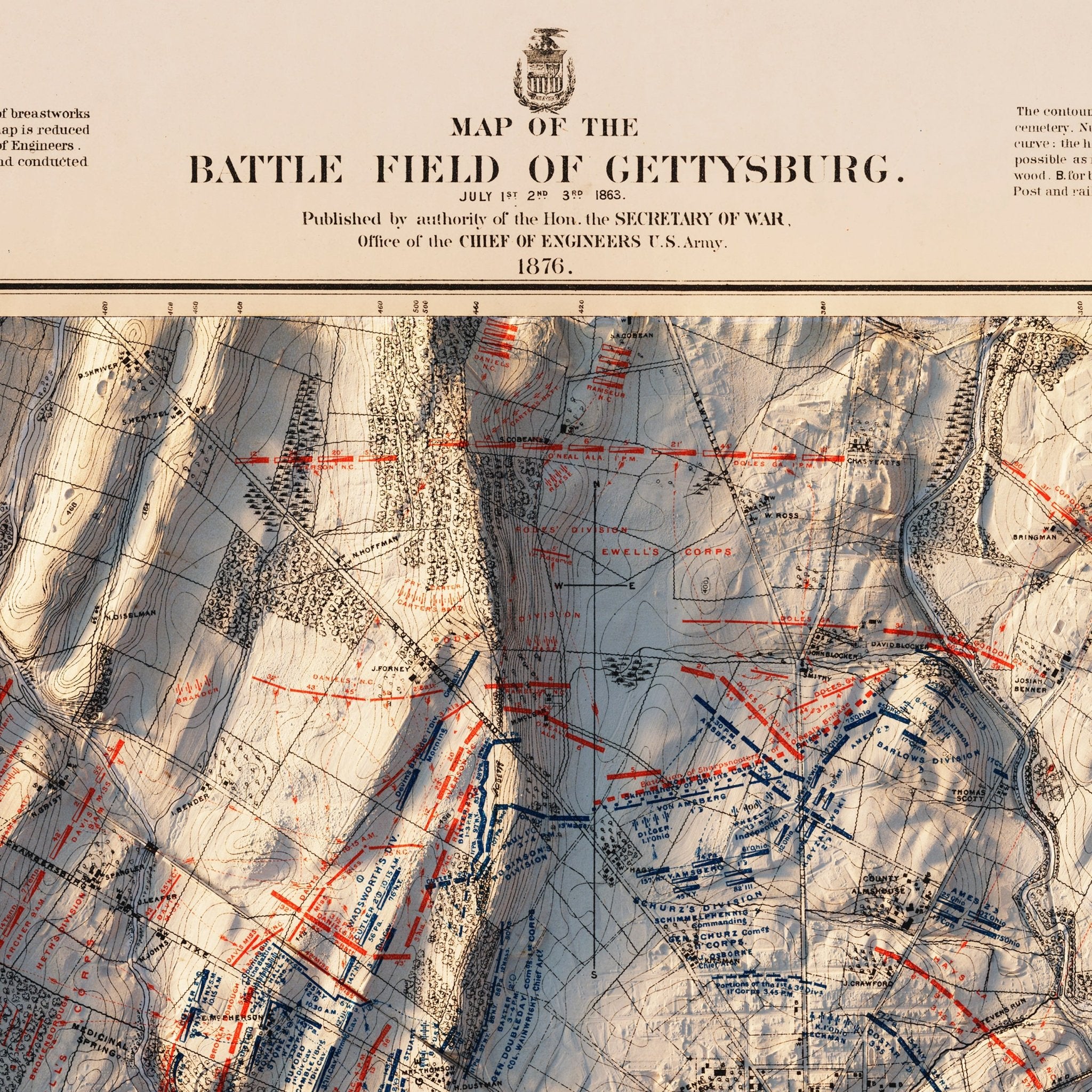 Gettysburg 1st Day 1876 Shaded Relief Map - Muir Way - Vintage Relief