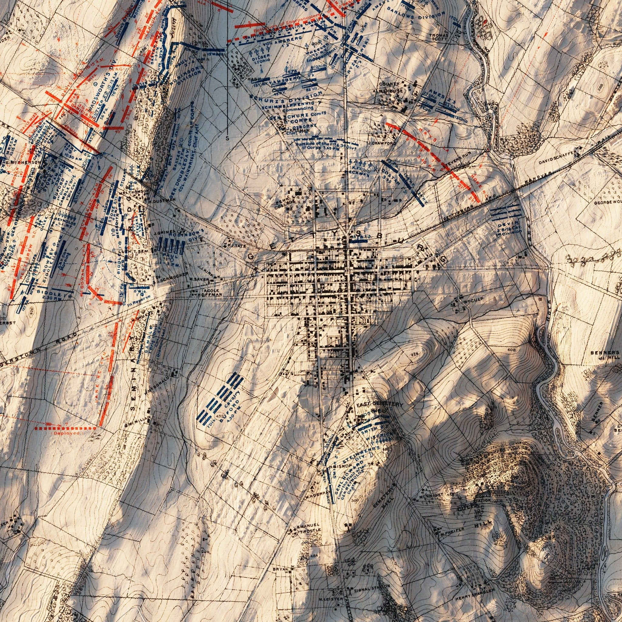 Gettysburg 1st Day 1876 Shaded Relief Map - Muir Way - Vintage Relief