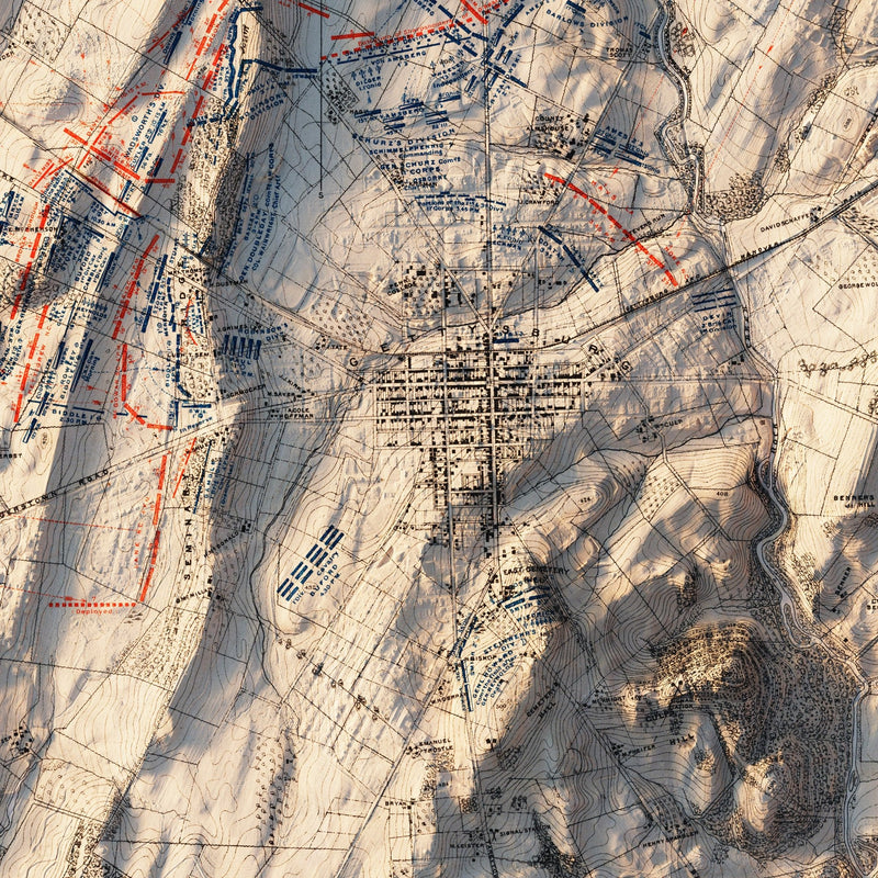 Gettysburg 1st Day 1876 Shaded Relief Map - Muir Way - Vintage Relief