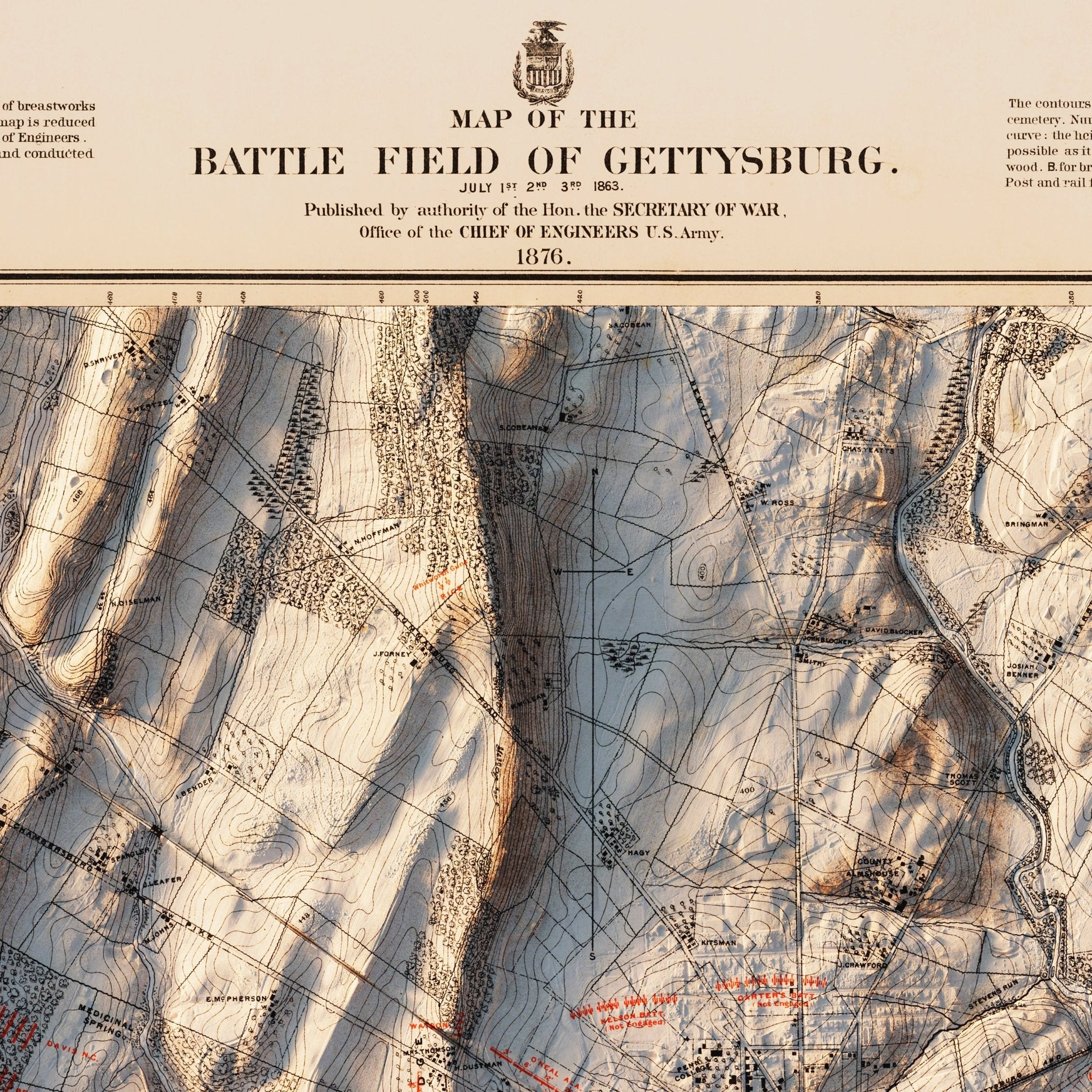 Gettysburg 2nd Day 1876 Shaded Relief Map - Muir Way - Vintage Relief