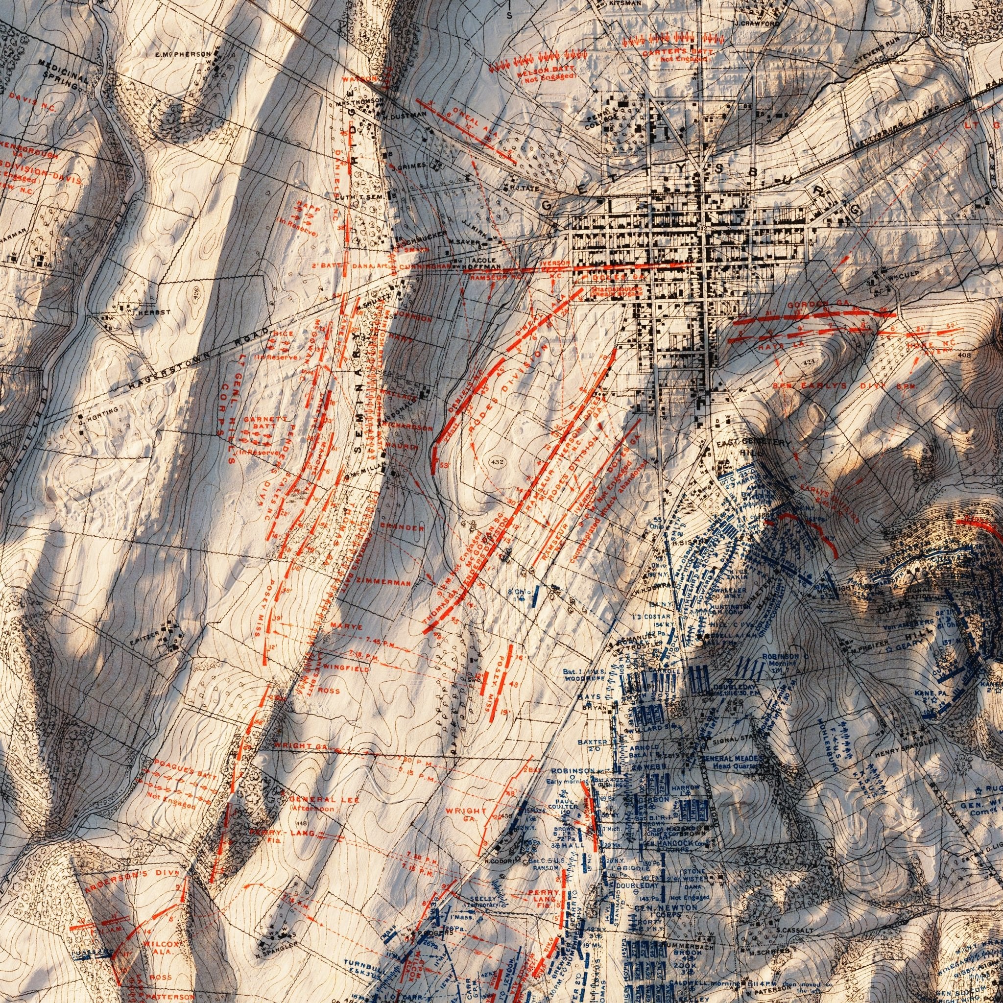 Gettysburg 2nd Day 1876 Shaded Relief Map - Muir Way - Vintage Relief