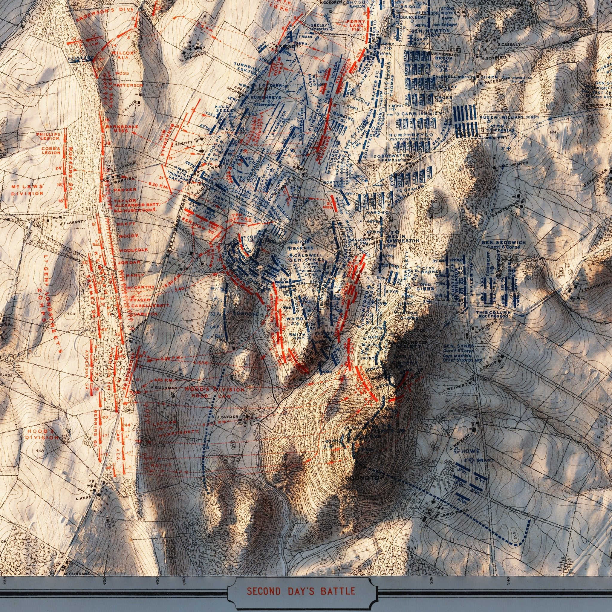 Gettysburg 2nd Day 1876 Shaded Relief Map - Muir Way - Vintage Relief