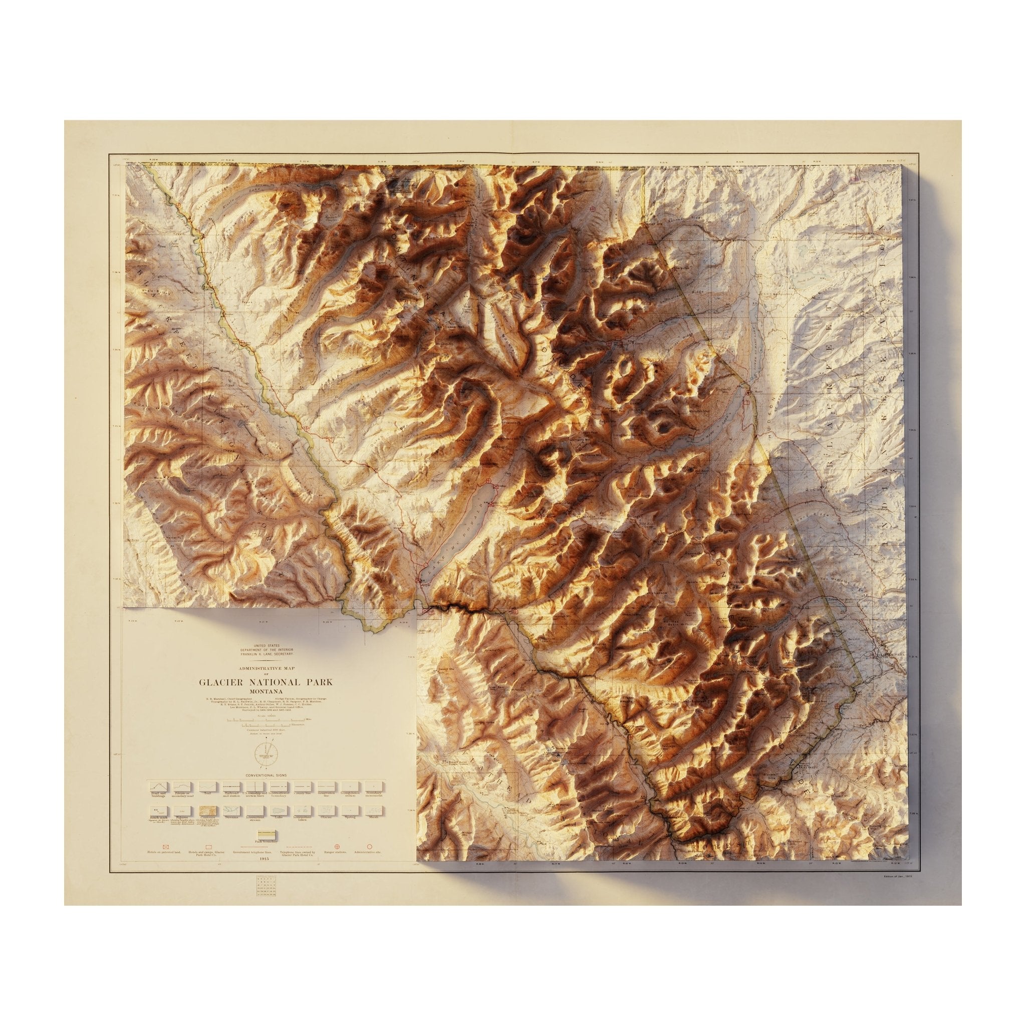 Glacier 1915 Shaded Relief Map - Muir Way - Vintage Relief
