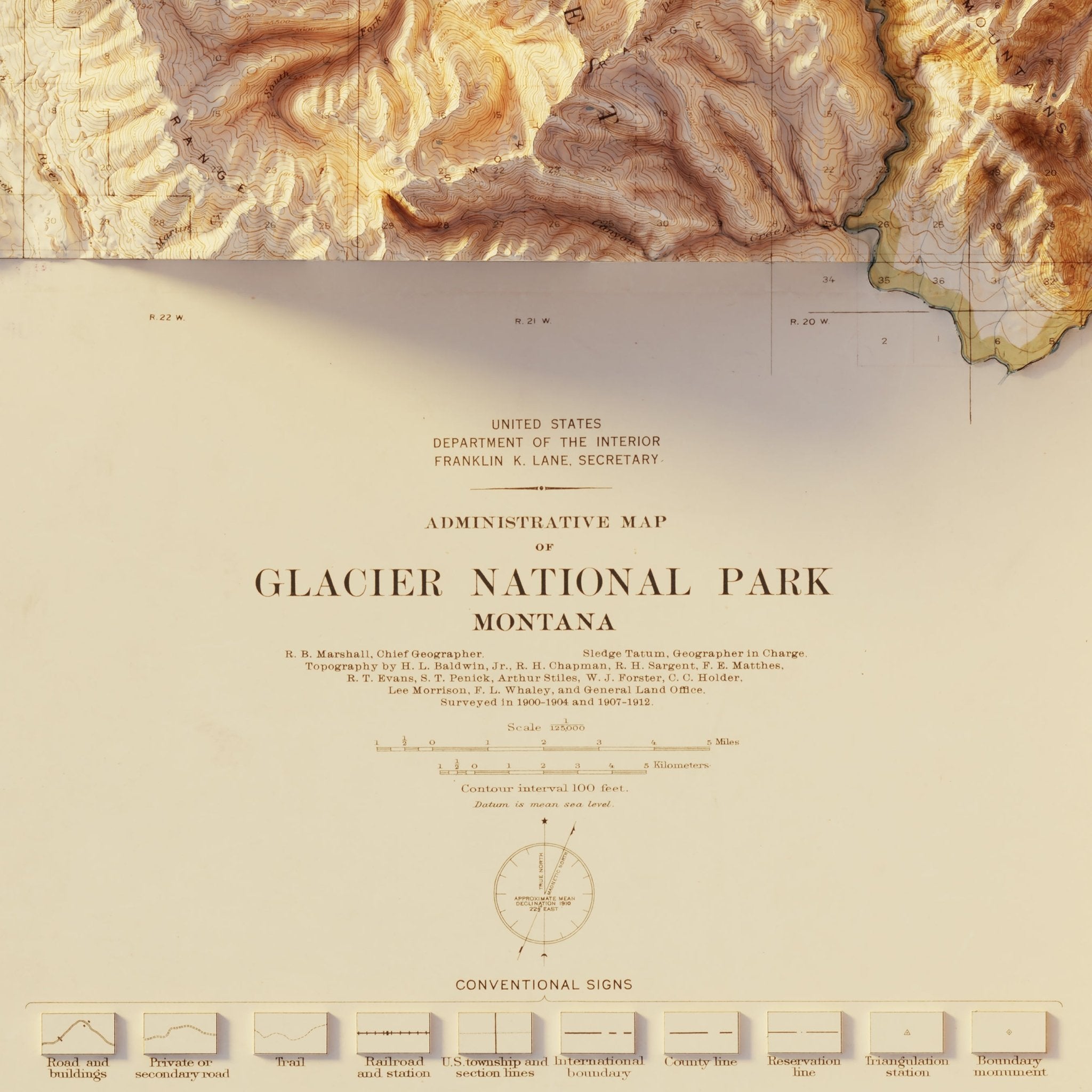 Glacier 1915 Shaded Relief Map - Muir Way - Vintage Relief