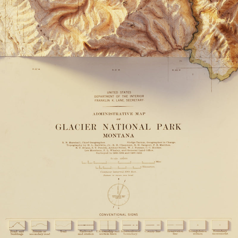 Glacier 1915 Shaded Relief Map - Muir Way - Vintage Relief