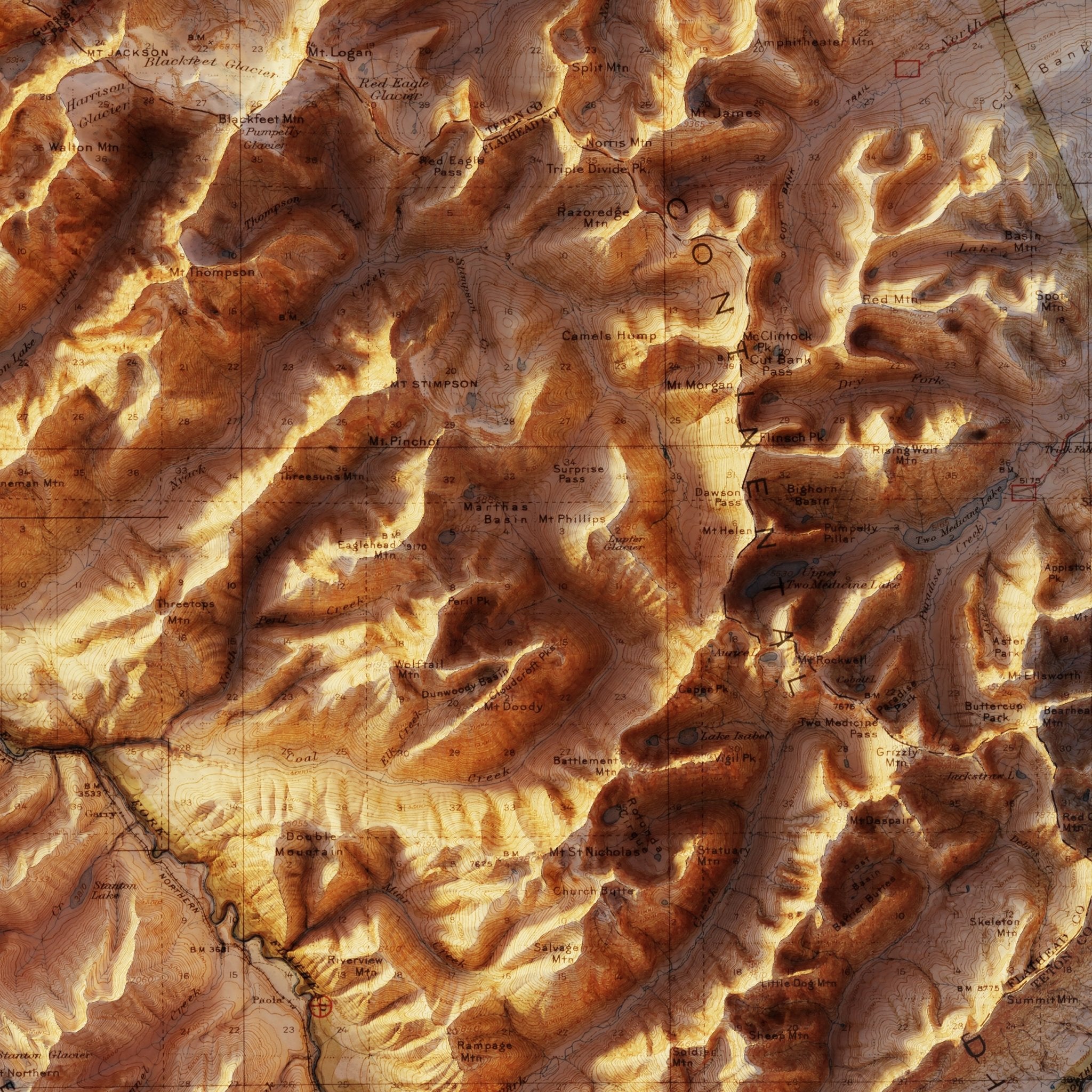 Glacier 1915 Shaded Relief Map - Muir Way - Vintage Relief
