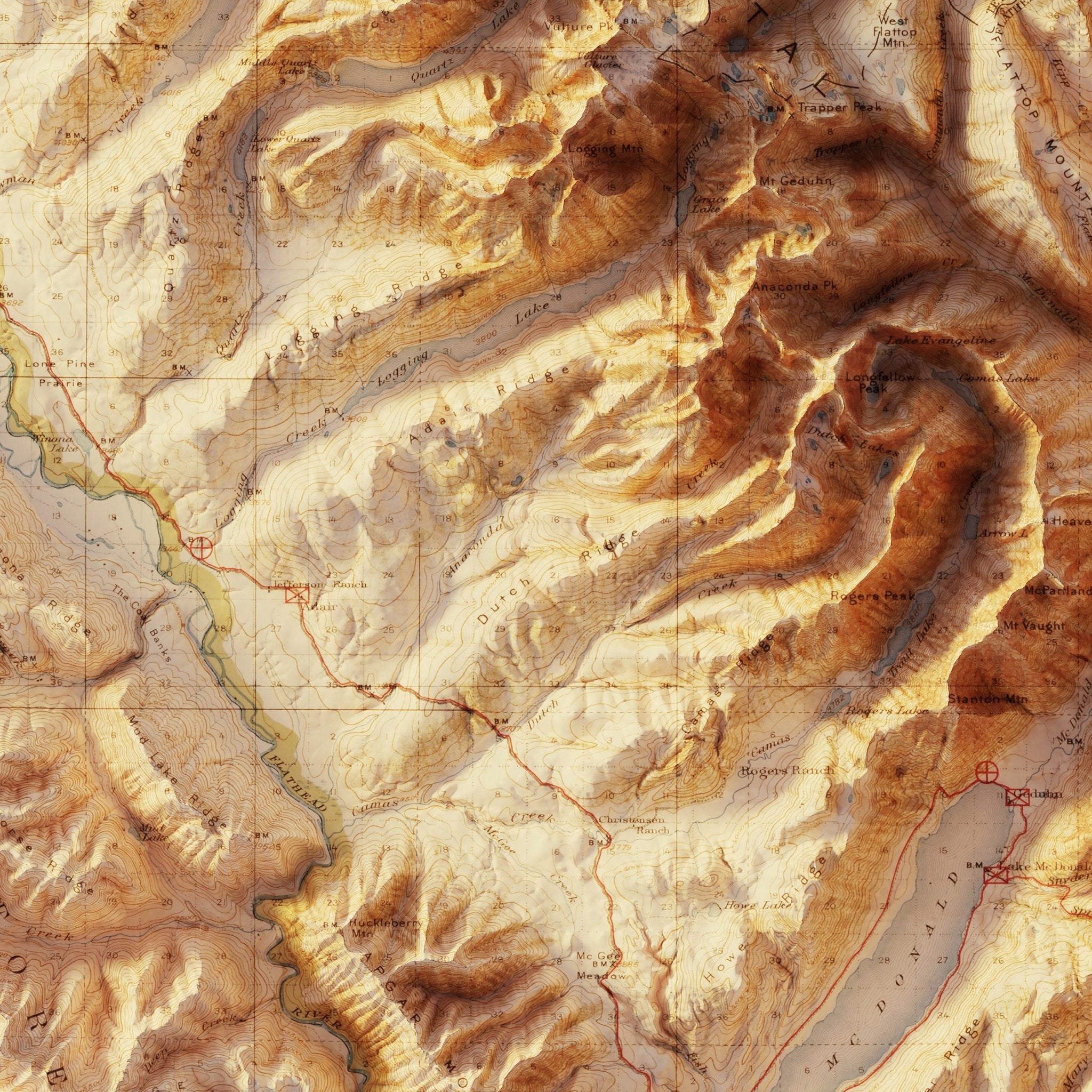 Glacier 1915 Shaded Relief Map - Muir Way - Vintage Relief