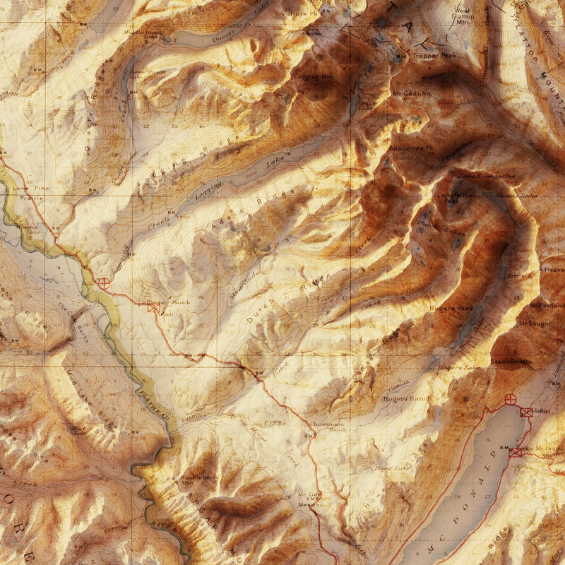 Glacier 1915 Shaded Relief Map - Muir Way - Vintage Relief