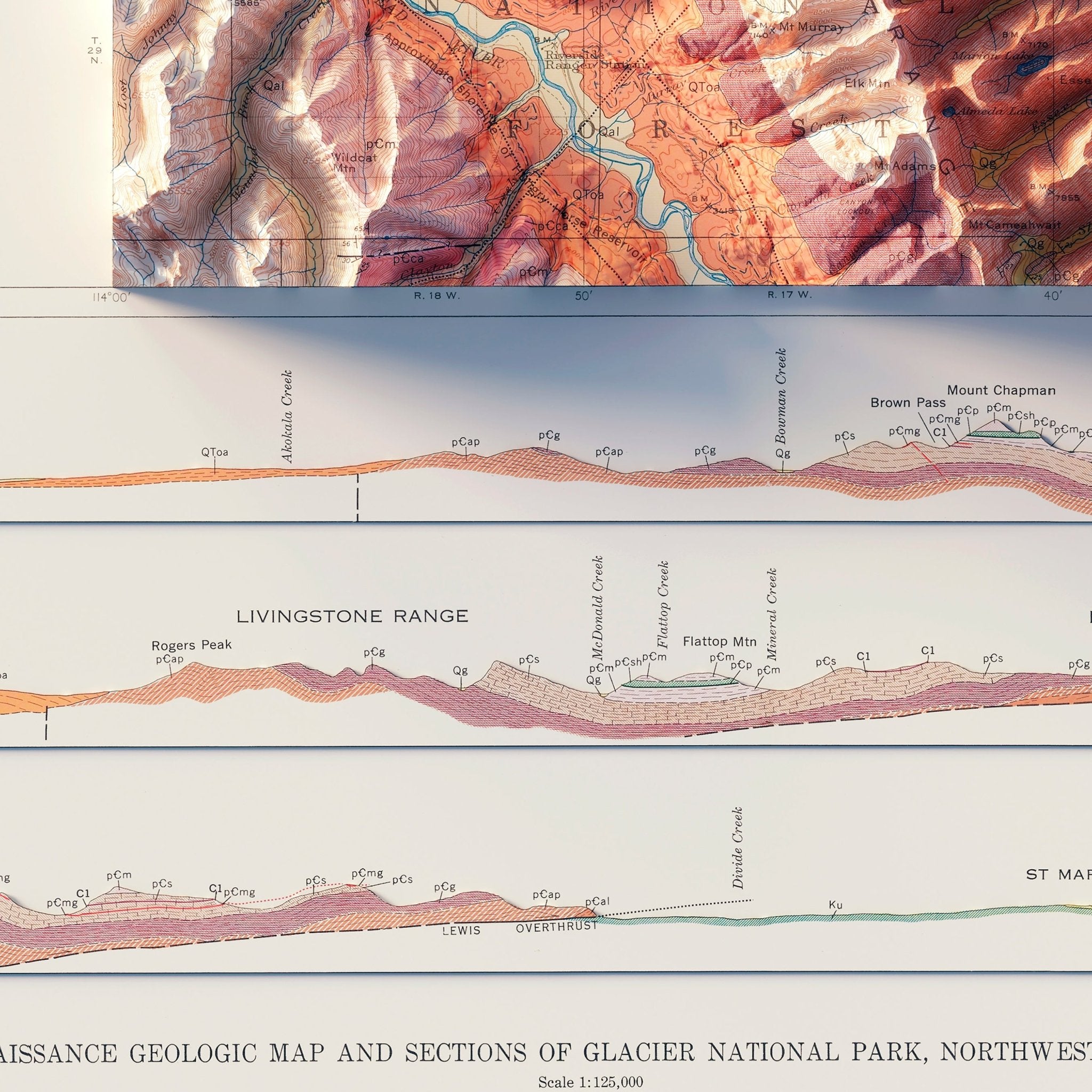 Glacier National Park 1959 Shaded Relief Map - Muir Way - Vintage Relief