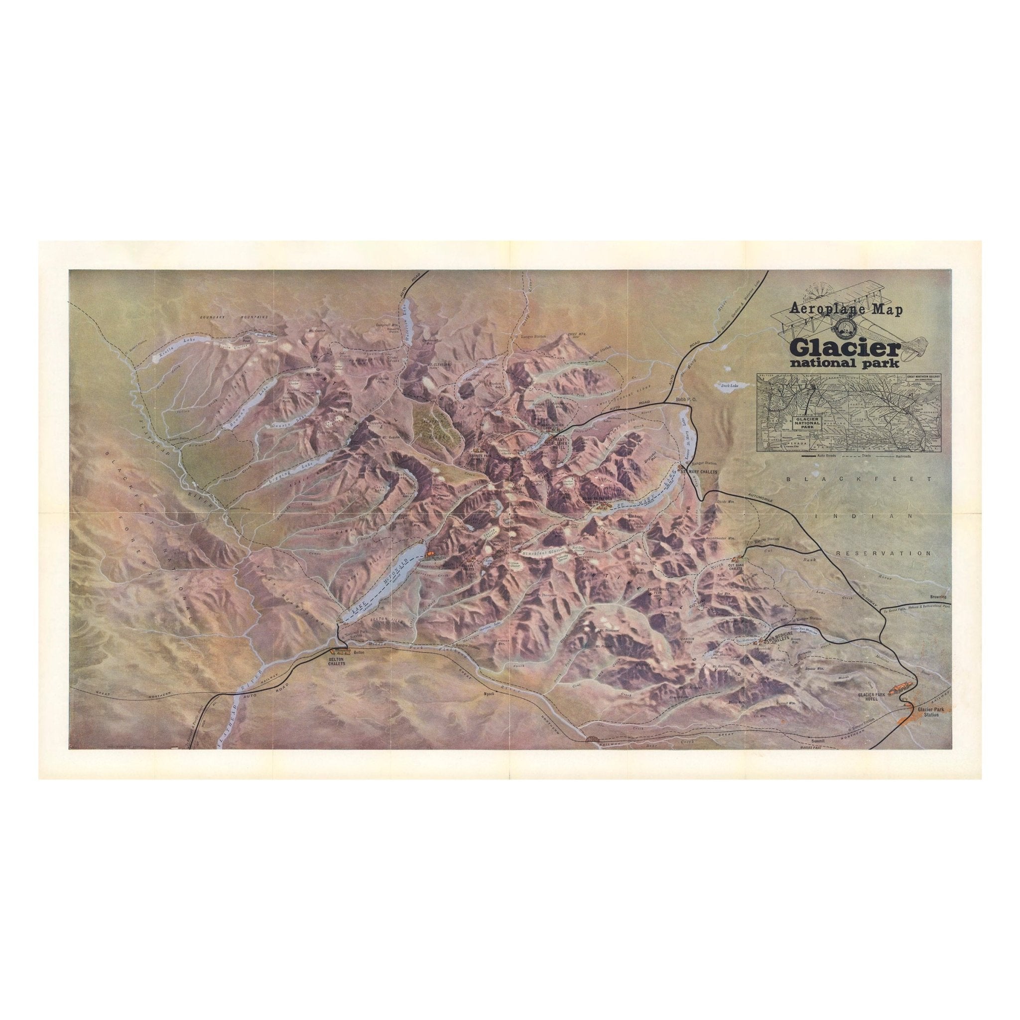 Glacier National Park 1910 Aeroplane Map - Muir Way - Vintage Map