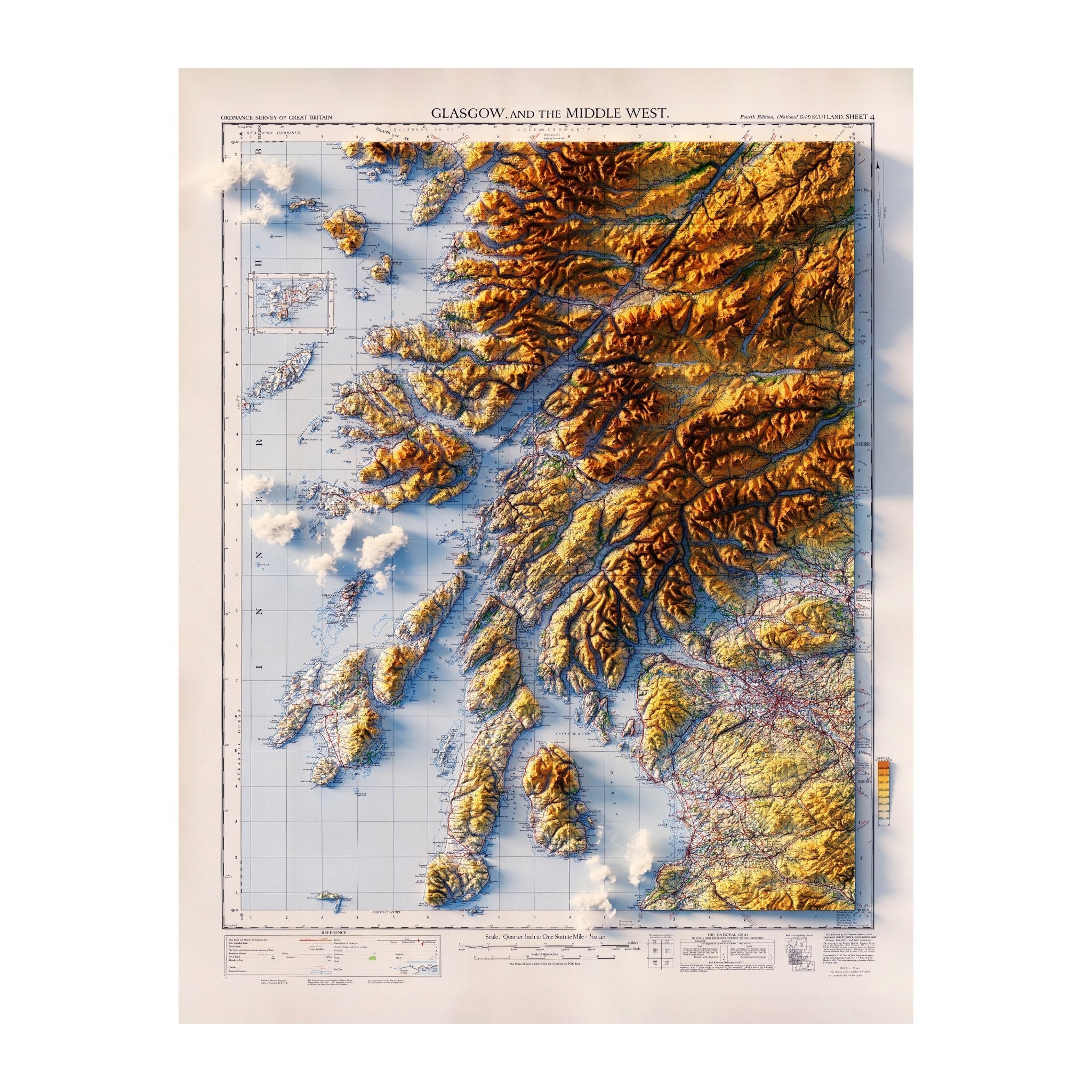Glasgow and the Middle West 1957 Shaded Relief Map - Muir Way - Vintage Relief