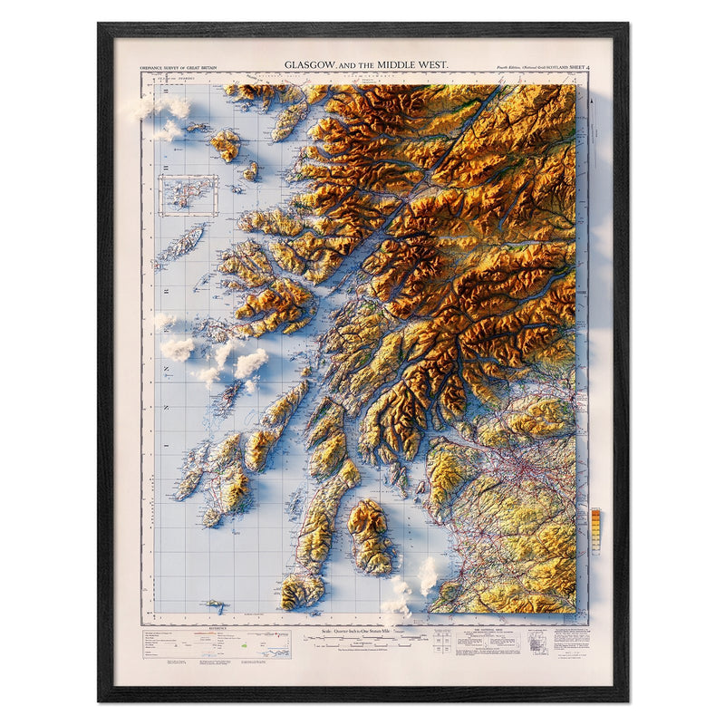 Glasgow and the Middle West 1957 Shaded Relief Map - Muir Way - Vintage Relief