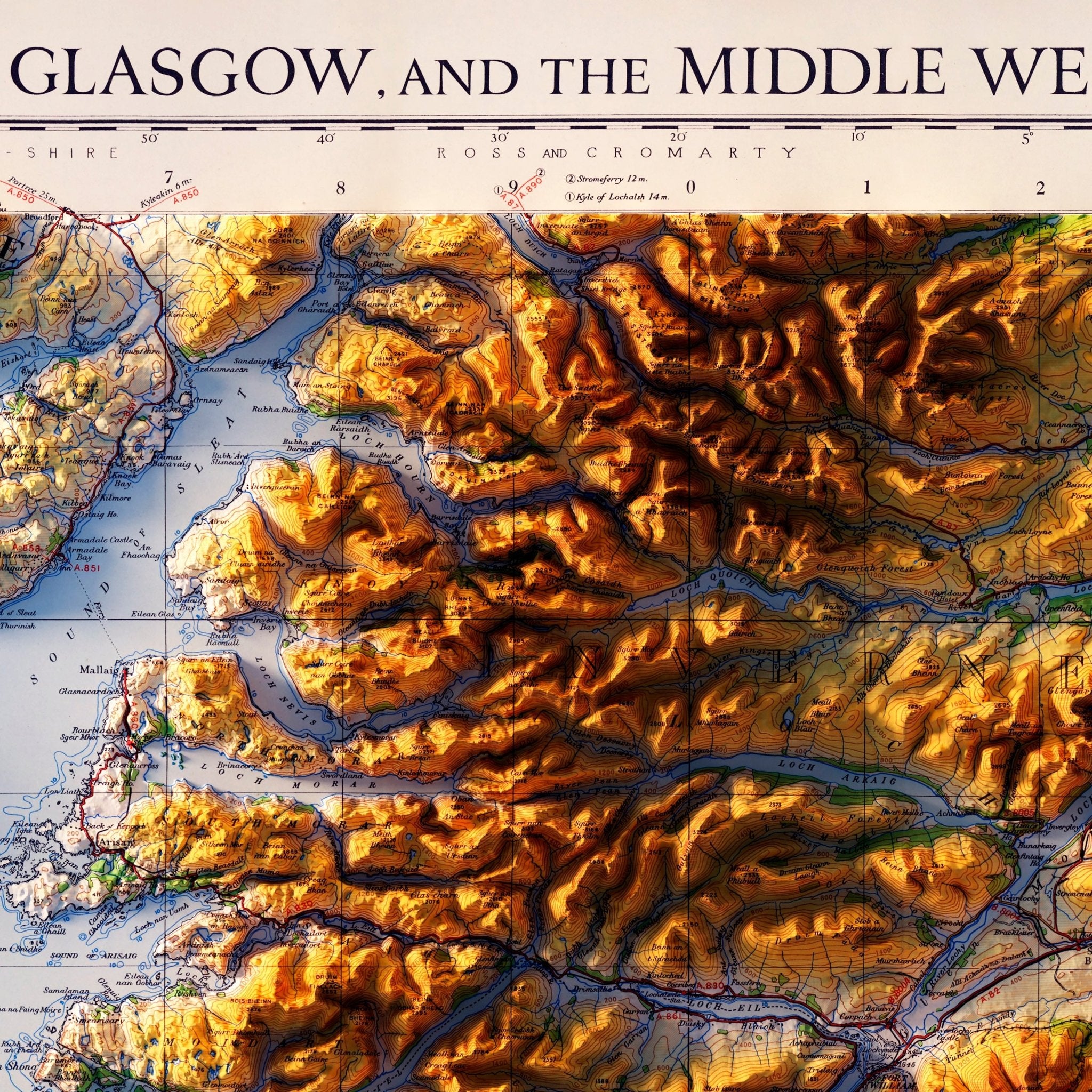 Glasgow and the Middle West 1957 Shaded Relief Map - Muir Way - Vintage Relief