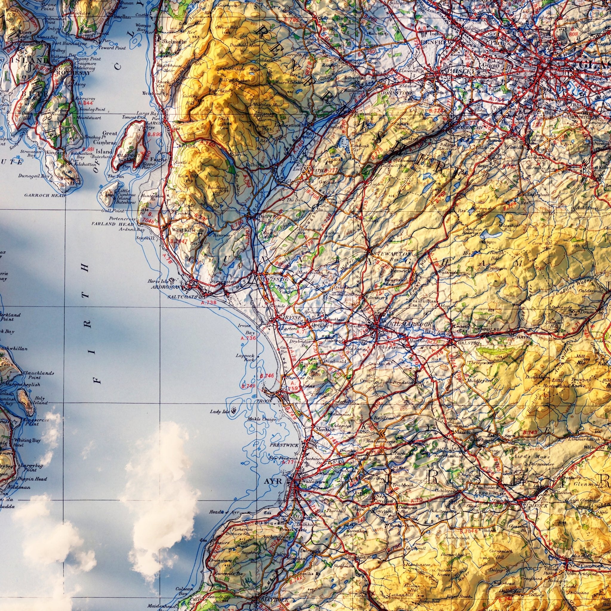Glasgow and the Middle West 1957 Shaded Relief Map - Muir Way - Vintage Relief